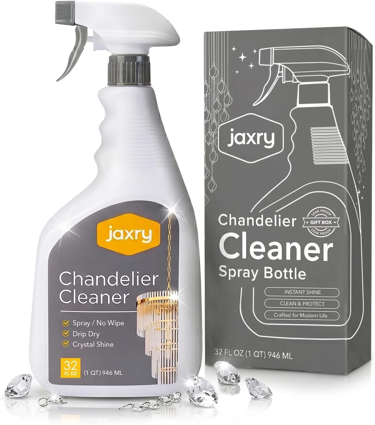 Jaxry Professional Crystal Chandelier Cleaner Drip Dry Spray No Wipe, 32 oz | Superior Streak Free Glass Cleaner for Heavy Dust, Multi Purpose Cleaning for Window Screen, Mirror, Brass and Fixtures