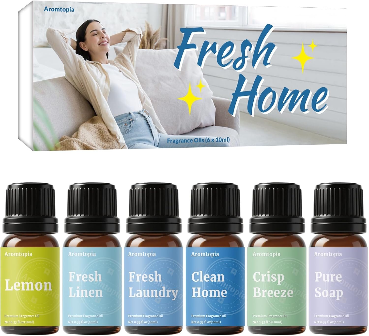 Diffuser Fragrance Oils, Aromtopia Essential Oils for Diffusers for Home, 6x10ml Fresh Home Set, Clean Scents for Candle Soap Making, Dryer Ball, Fresh Linen, Crisp Breeze, Fresh Laundry, Lemon