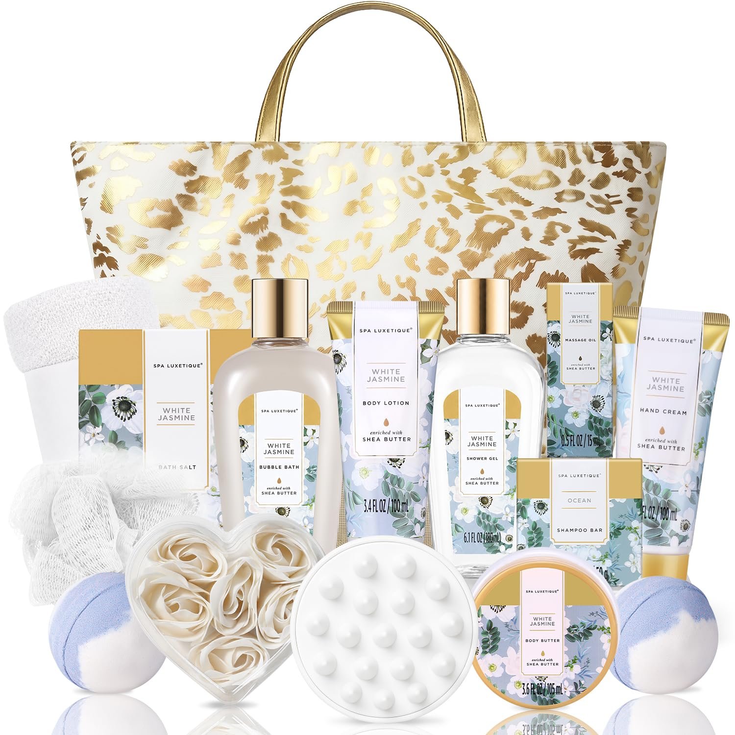 Spa Luxetique Gifts for Women 15pcs White Jasmine Gift Baskets for Women Luxury Relaxing Spa Kit with Tote Bag Birthday Gifts for Mom Friend Sister Wife Grandma Mothers Day Gift for Her