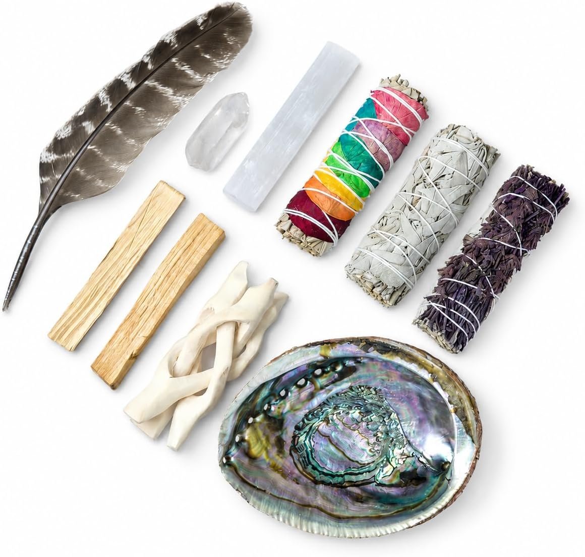 White Sage Smudge Kit with Palo Santo, Abalone Shell, Feather & Crystals | White Sage, Lavender Sage, Rose Petal 7 Chakra Sage, Palo Santo, Abalone Shell, Stand, Selenite & Clear Quartz Point Crystals