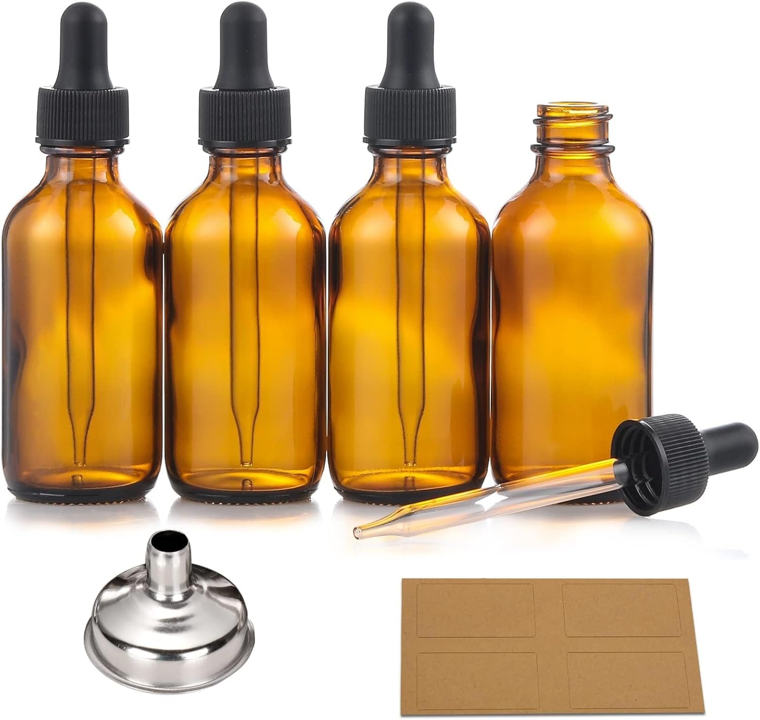 4 Pack, 2 oz Bottles with Dropper & 1 Funnel & 4 Labels – Essential Oils Bottles for Health, Personal Care & Beauty – 60ml Thick Dark Amber Glass Tincture Bottles, Refillable Cosmetic Containers