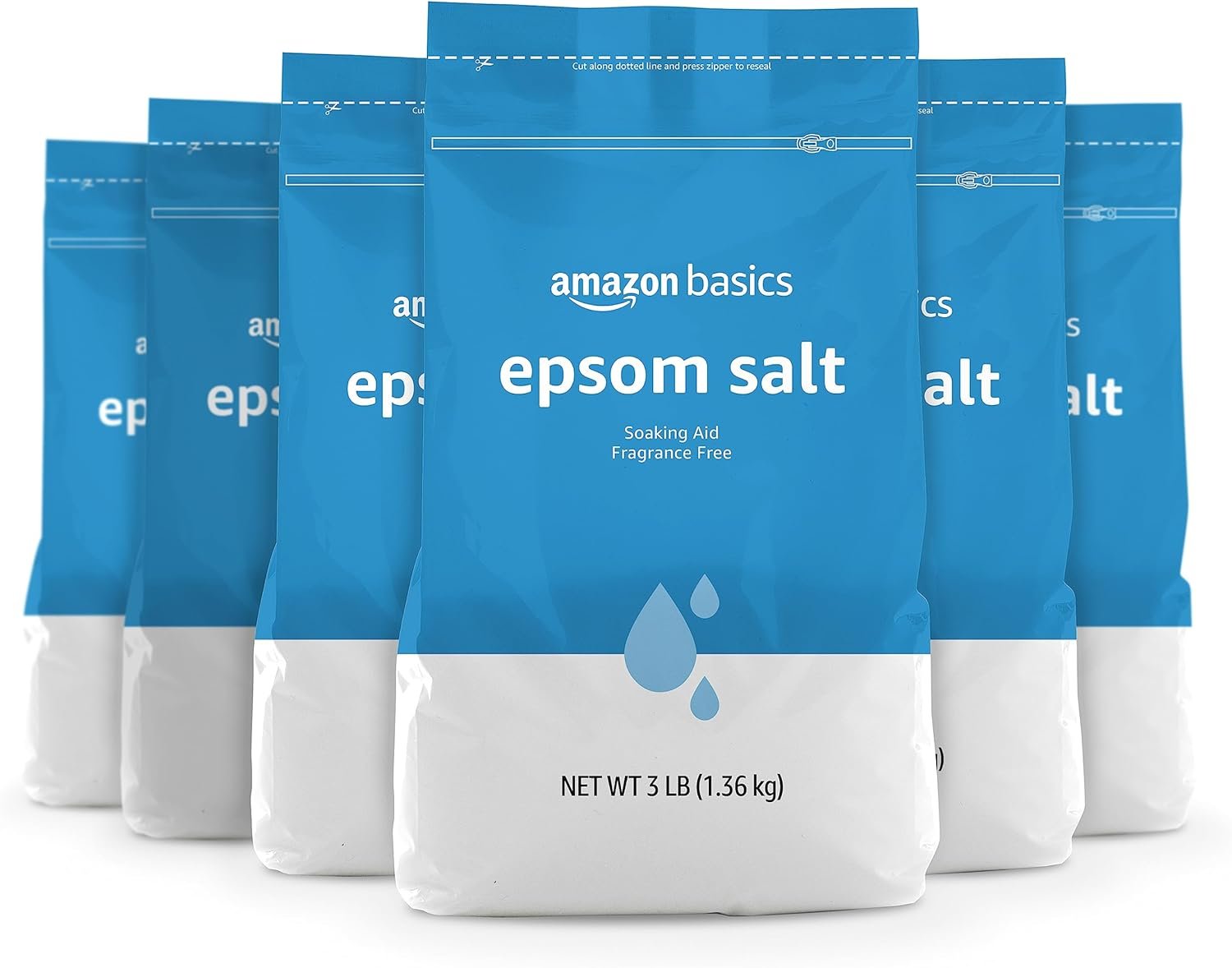 Amazon Basics Epsom Salt Soak, Fragrance Free, Magnesium Sulfate USP for Relaxation and Soothing Foot Soaking, 3 Pound Resealable Bags, 6-Pack