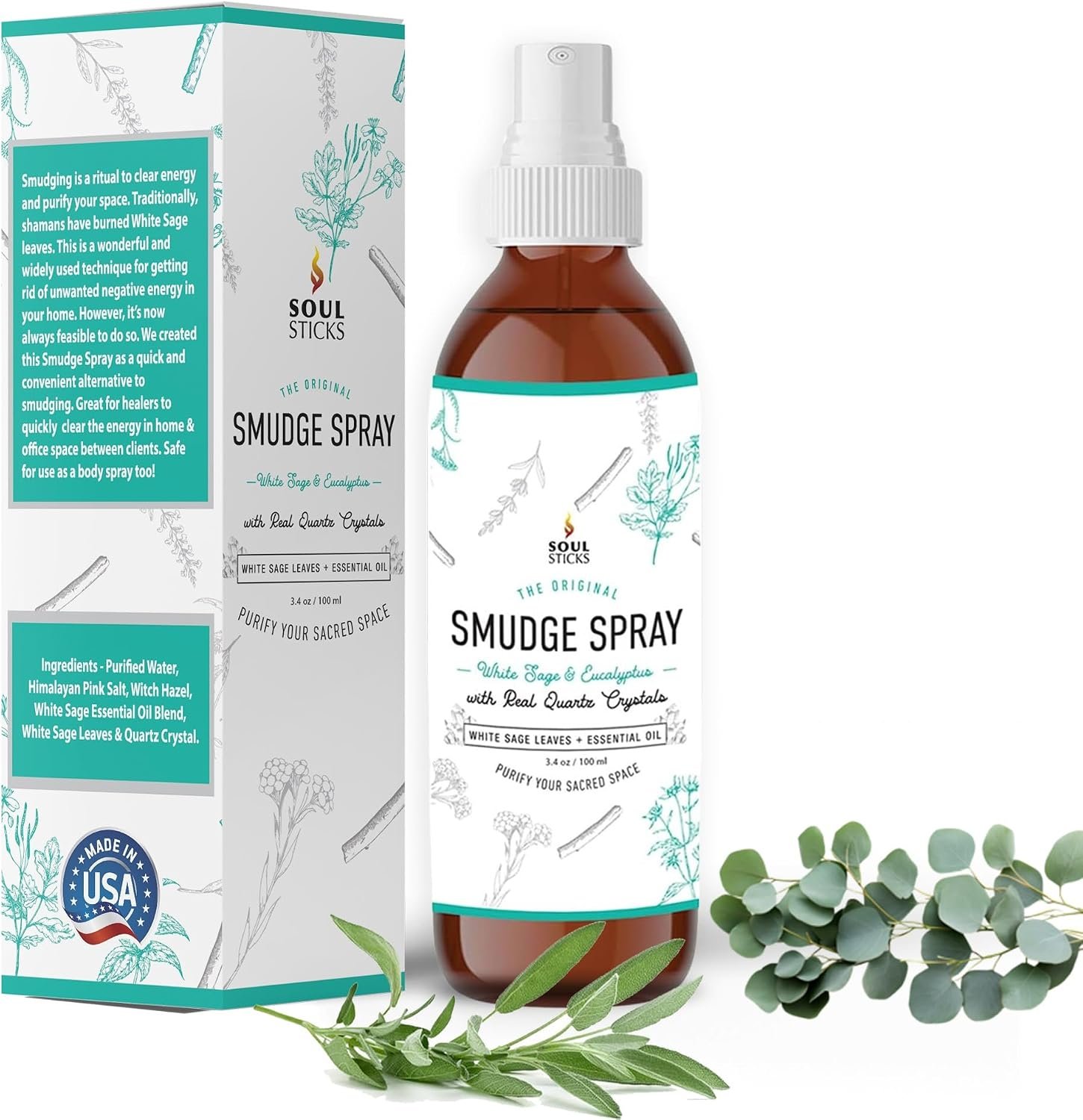 SOUL STICKS White Sage & Eucalyptus Smudge Spray – 3.5oz Smokeless Energy Mist with Quartz Crystals – Essential Oil Spray for Focus, Clarity, Aura Cleansing, Meditation, and Home Refreshing