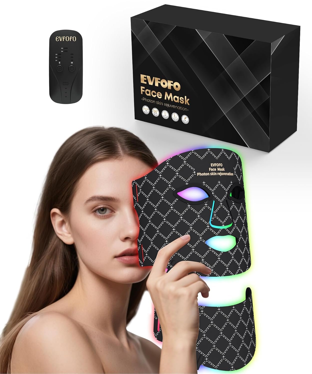 EVFOFO 7-Color LED Red Light Mask, Face & Neck, 630nm & 850nm NIR, Cordless | Red Light Mask for Face and Neck, all face shapes, smooths fine lines, soft silicone, cordless USB-C for Home, Work&Rest