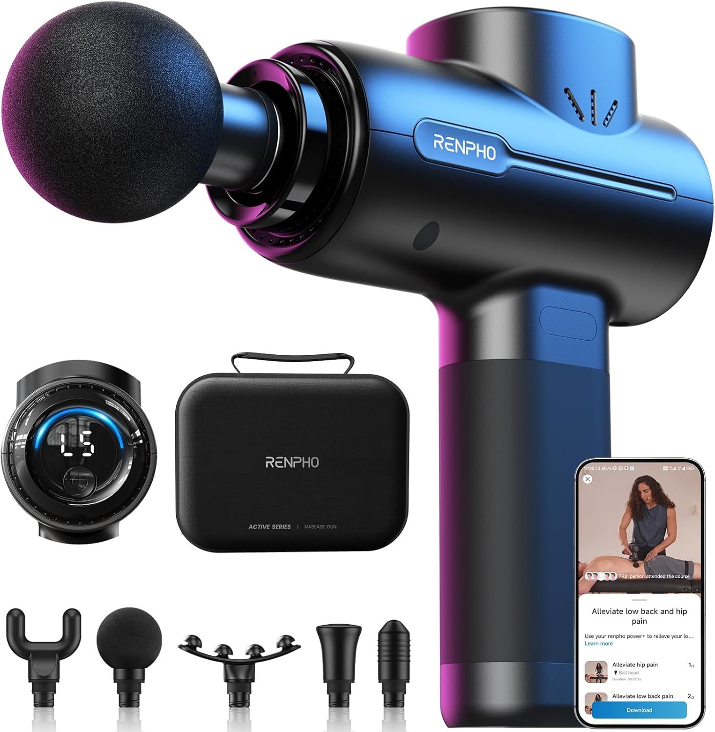 RENPHO Active+ Percussion Massage Gun, 5 Adjustable Speeds for Back, Neck, Muscle Recovery – App Controlled Guided Courses, Carry Case for Professional Athlete, Gym and Travel, Gifts for Men Women