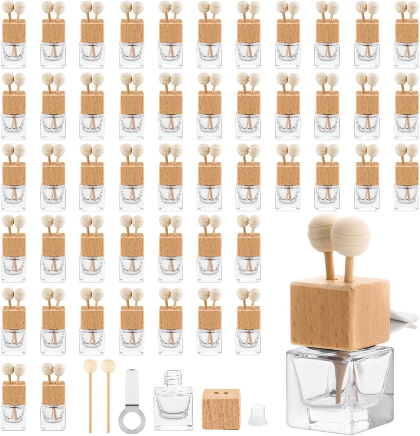 50 Pack,8ml Clear Glass Car Air Freshener Perfume Clip Diffuser,Empty Essential Oil Perfume Vials Diffuser Vent Outlet,Thick Auto Glass Ornament with Wooden Caps,Stick for Car Scent Fragrance