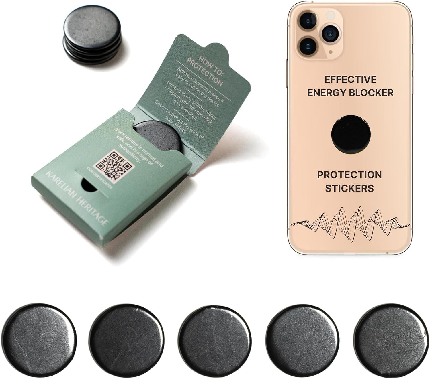 Effective Cell Phone Protection Stickers 5 pcs | Round Shungite Stickers for Gadget Protection Blocking | Polished Shungite Stone Plates | Carbon Chip Smart Guard Protector Shield S022