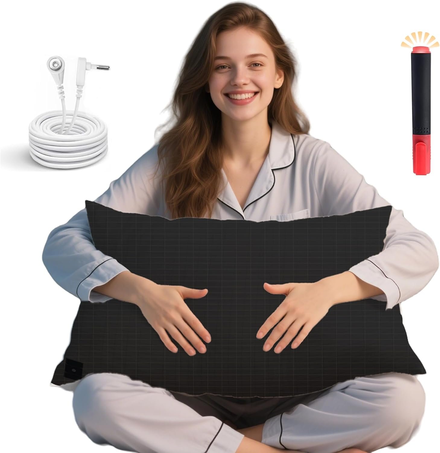 Ali King Grounding Pillowcase, 5% Conductive Silver + 95% Soft Cotton Earth Grounding Pillow Cases with Grounding Cord for Improve Sleep (Black, King (20x36inches))