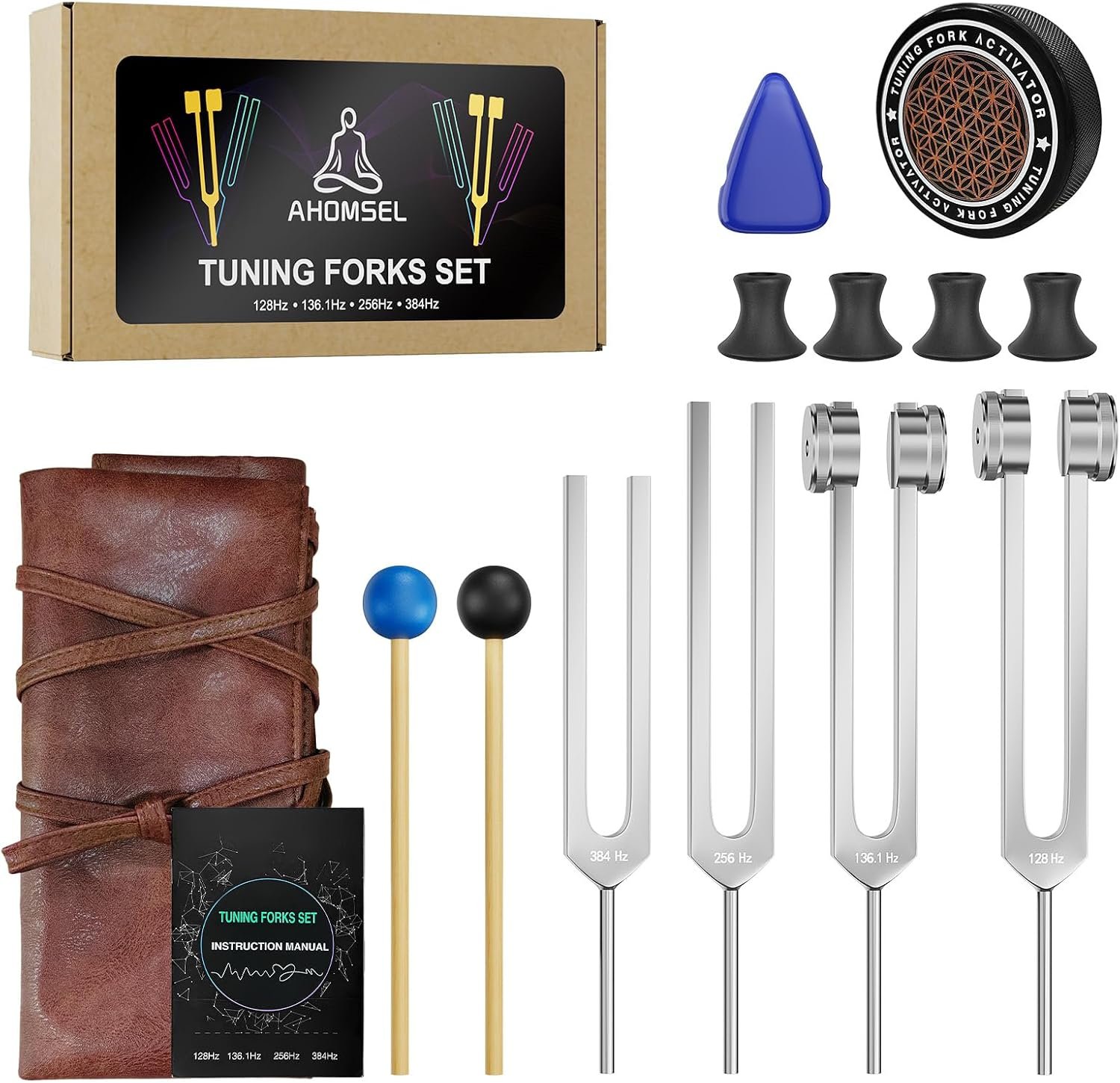 Tuning Forks for Healing Set – 128Hz, 136.1Hz, 256Hz, 384Hz, Weighted & Unweighted, Tuning Fork with Hockey Puck Activator & feet, Sound Therapy Chakra Balance for Yoga & Meditation in Leather Pouch