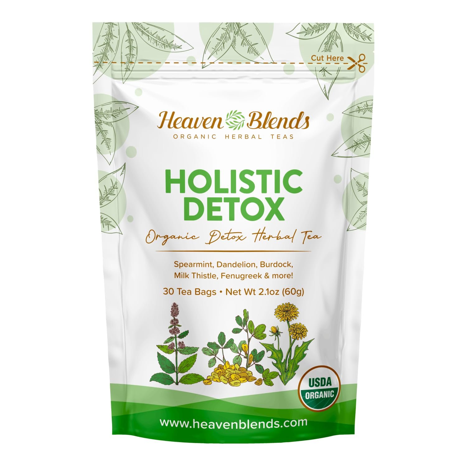 Heaven Blends Organic Holistic Detox Tea – USDA Organic – Spearmint, Dandelion, Burdock, Milk Thistle Seed, Fenugreek & Yellowdock Root – sugar free, caffeine free, and gluten free. 30 Sachet