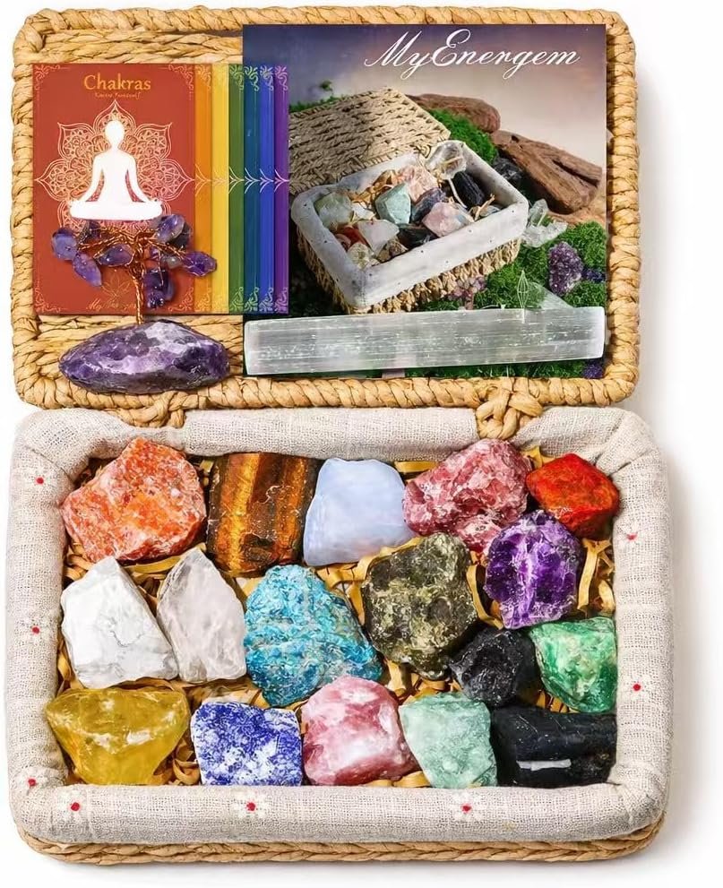 MYDAYS&DESIGN 18Pcs Crystals and Healing Stones Set in Rattan Box, 17 Premium Raw Chakra Stones, 1 Amethyst Tree, Guide for Beginners, Meditation Yoga Home Decor, Healing Crystal Gifts for Women