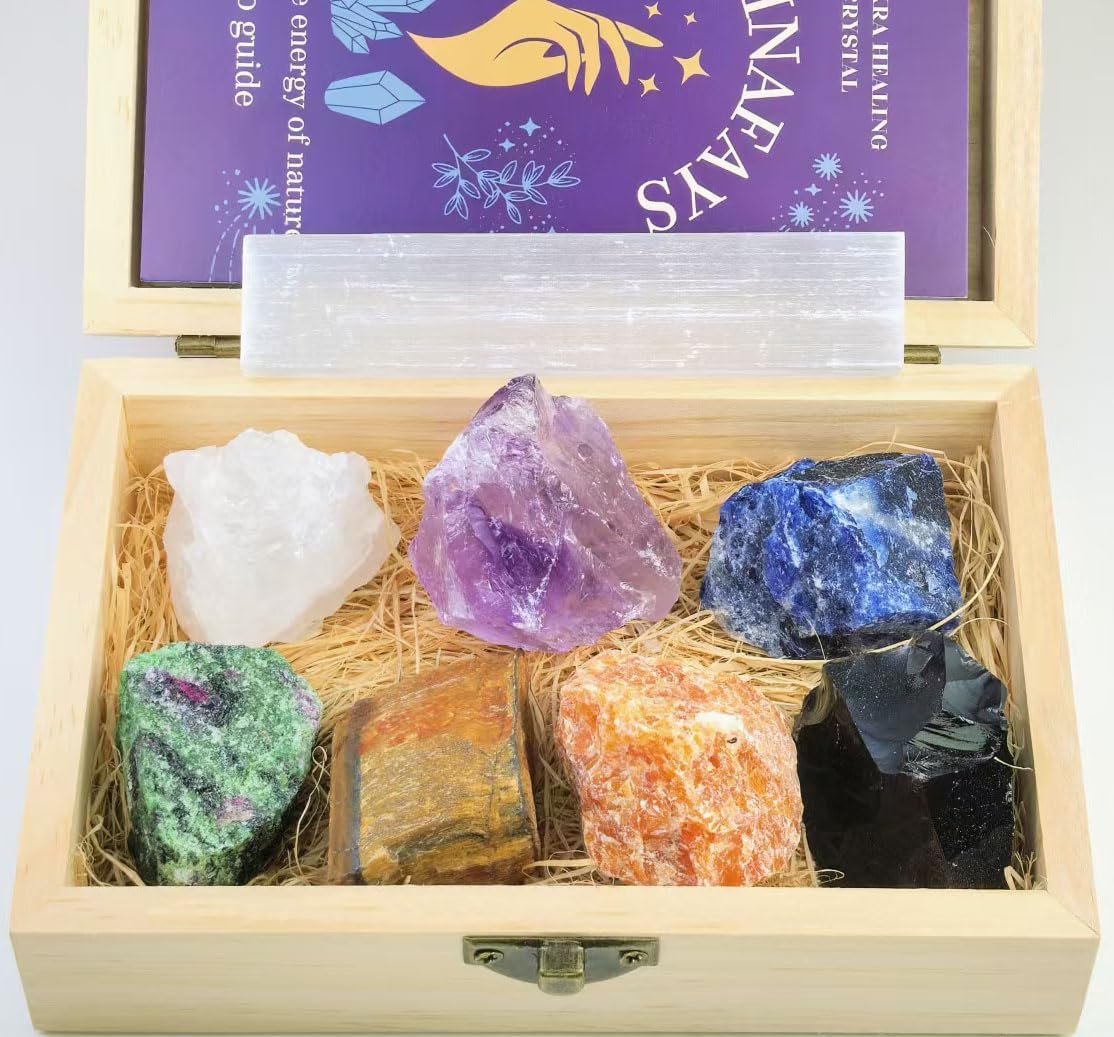 Healing Crystals Set – 7 Raw Chakra Stones & Selenite Stick | Unpolished Crystal Healing Stones for Meditation, Yoga, Reiki | Wooden Box with Velvet Pouch & Guide
