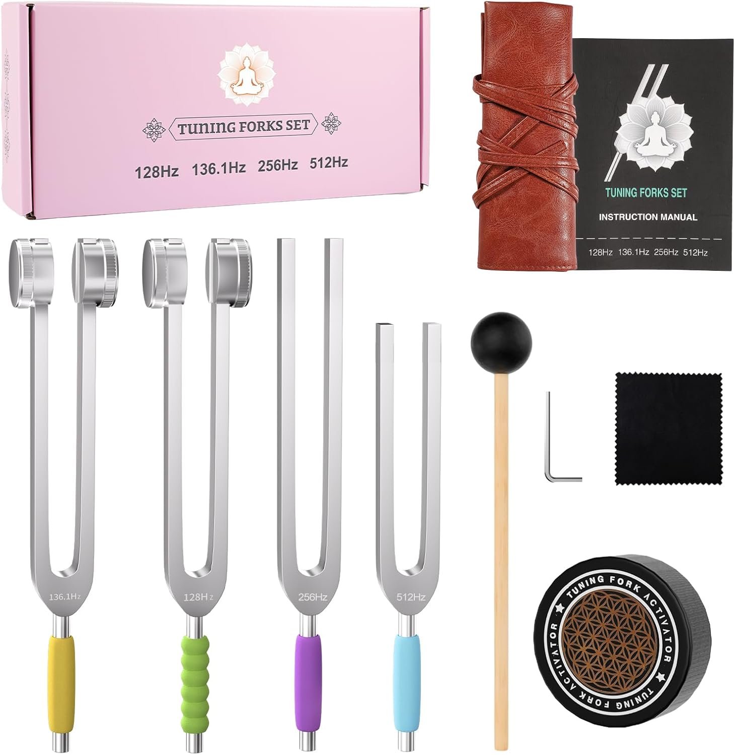 Tuning Forks for Healing Set, 128Hz, 136Hz, 256Hz, 512Hz Tuning Forks with Activator, Chakra Sound Therapy Music Tuning Instruments for Stress & Sleep/Yoga/Meditation with Anti-Slip Sponge & Pouch