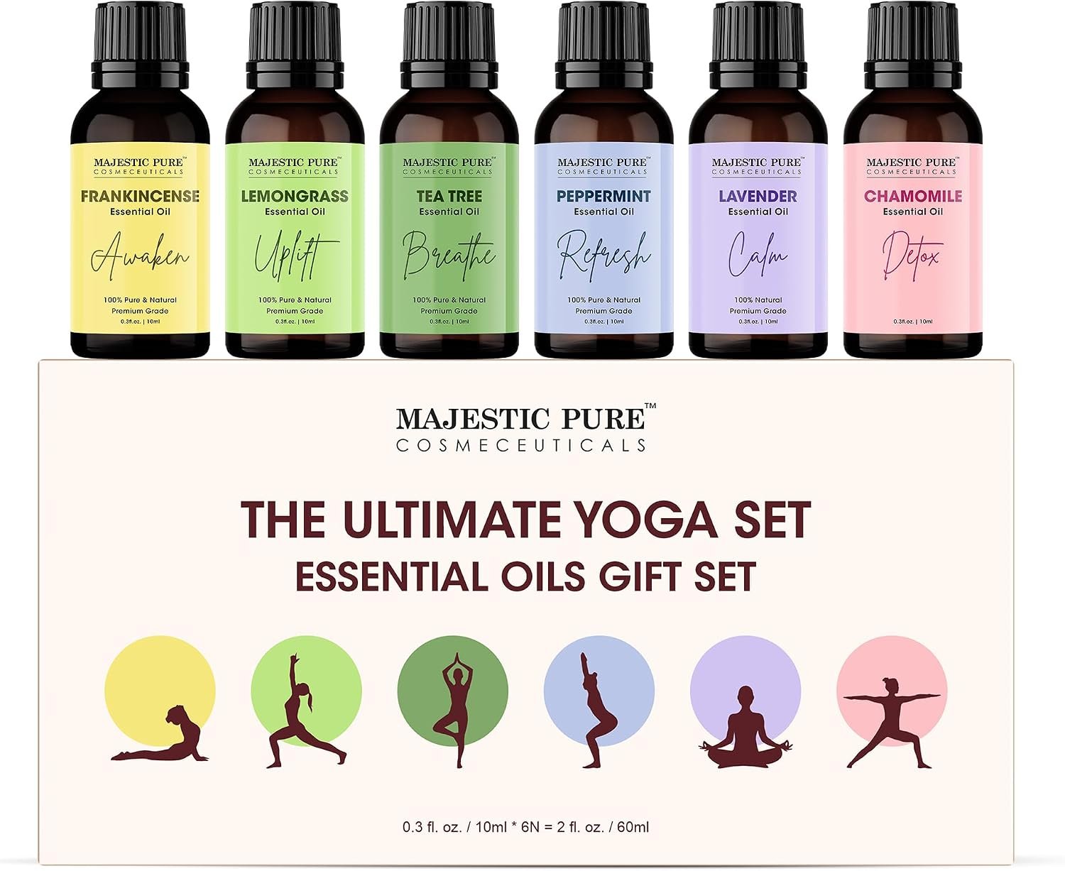 Majestic Pure, Yoga Essential Oil Gift Set | 100% Pure & Natural Set for Yoga, Meditation and Self-Care Rituals | Frankincense, Tea Tree, Lavender, Peppermint, Lemongrass, Chamomile – Pack of 6