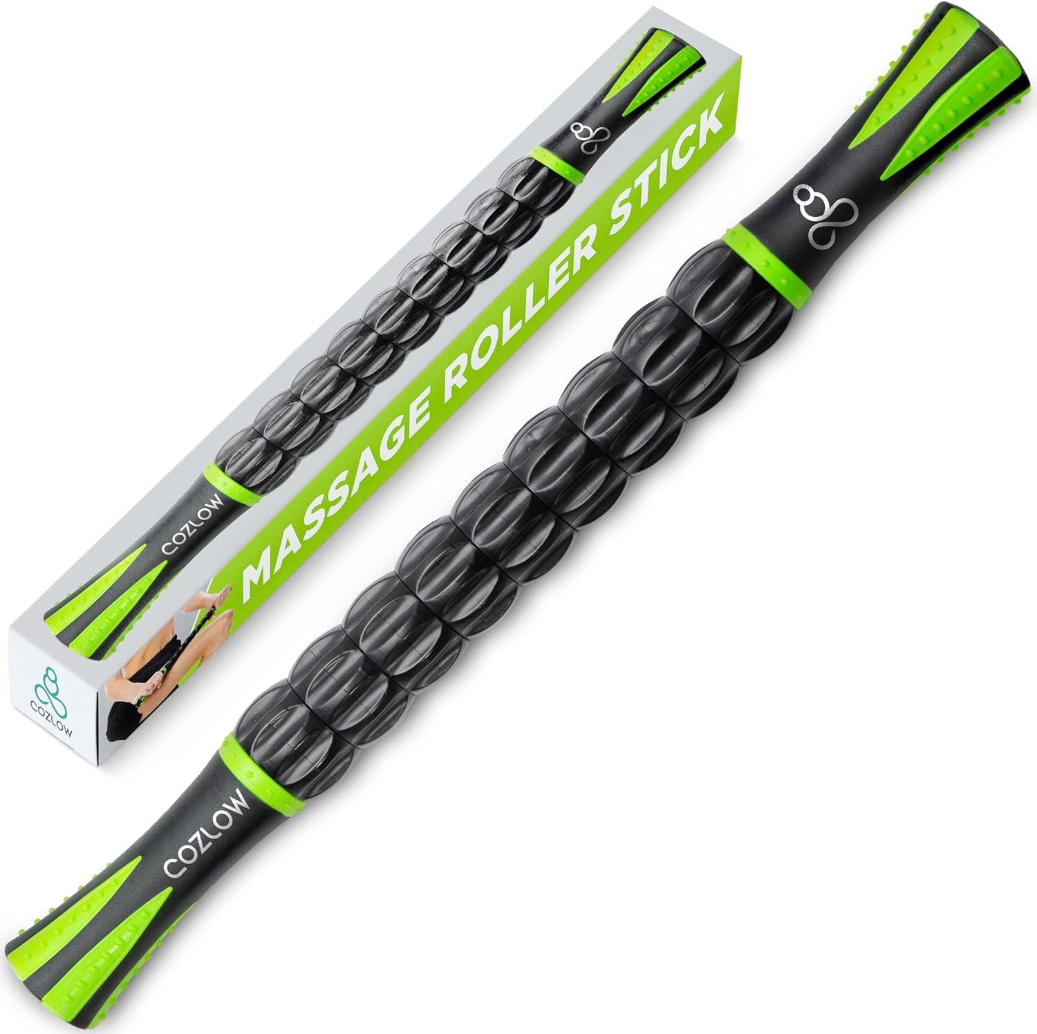 Muscle Roller Stick – Black Green – Hand Held Body Massager with 9 Rollers & Non-Slip Handles – Deep Tissue Massage & Maximum Muscle Recovery – Leg, Back, Arm, Thigh, Butt Sculpting Tool – by Cozlow