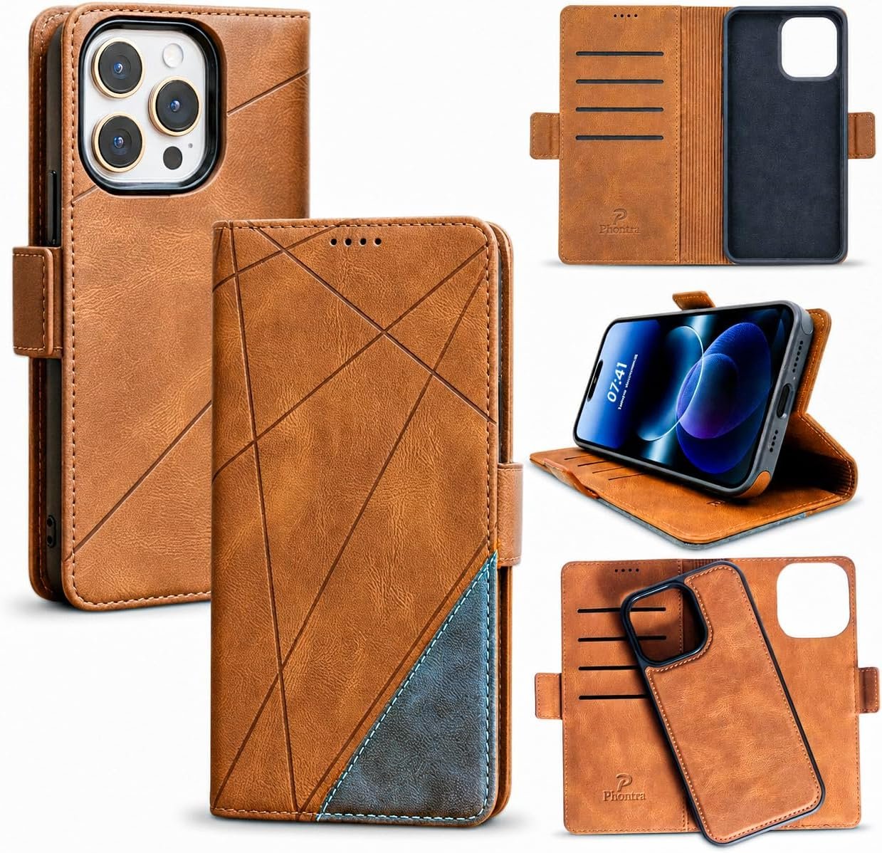 EMF Protection Anti Radiation Cell Phone Wallet Case for iPhone | EMF Blocker Genuine Leather Flip Folio Phone Cover, RFID Blocking Card Holder, MagSafe Case, Brown/Gray, iPhone 17 Pro