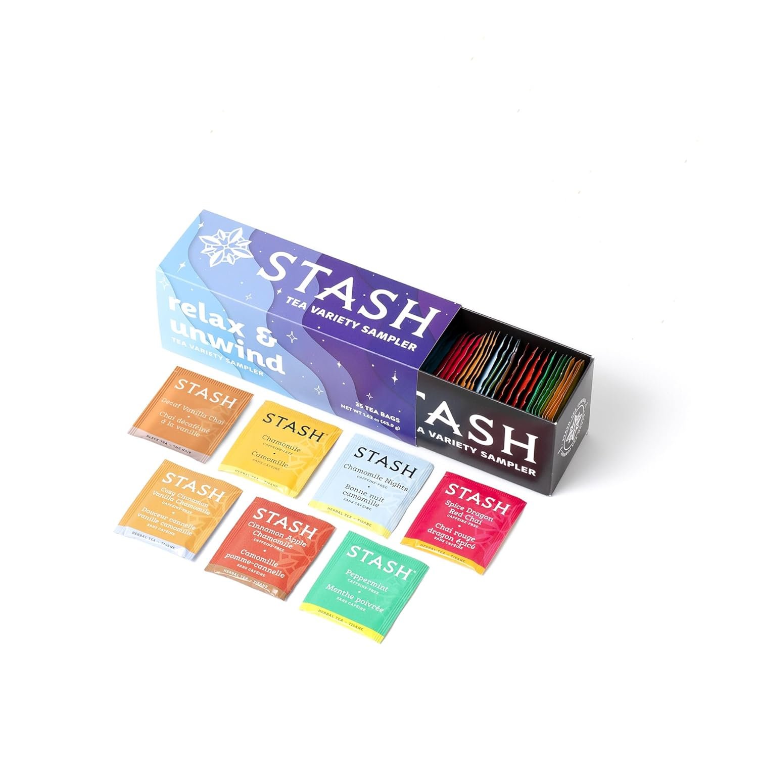Stash Tea Relax and Unwind Tea Sampler – Assorted Specialty Tea Gift Set, Calming Herbal Teas to Support Relaxation, 7 Flavors, 35 Tea Bags