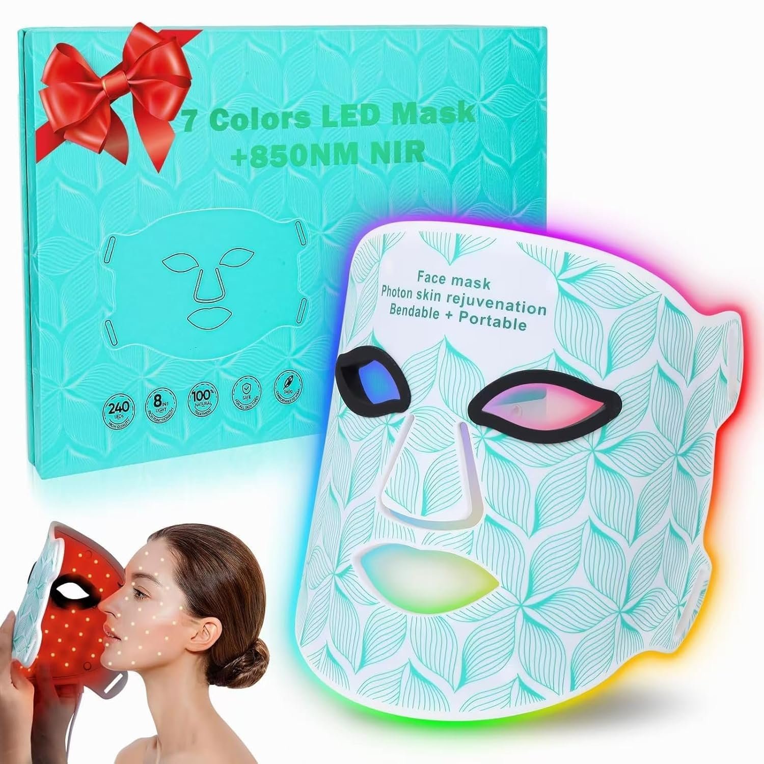 Red Light Therapy for Face, 8 Colors LED Face Mask with 850nm Near Infrared, 3000 mAh Rechargeable Portable Red Light Therapy Mask Skin Care Device for Anti-Aging & Wrinkles, Home & Travel Use