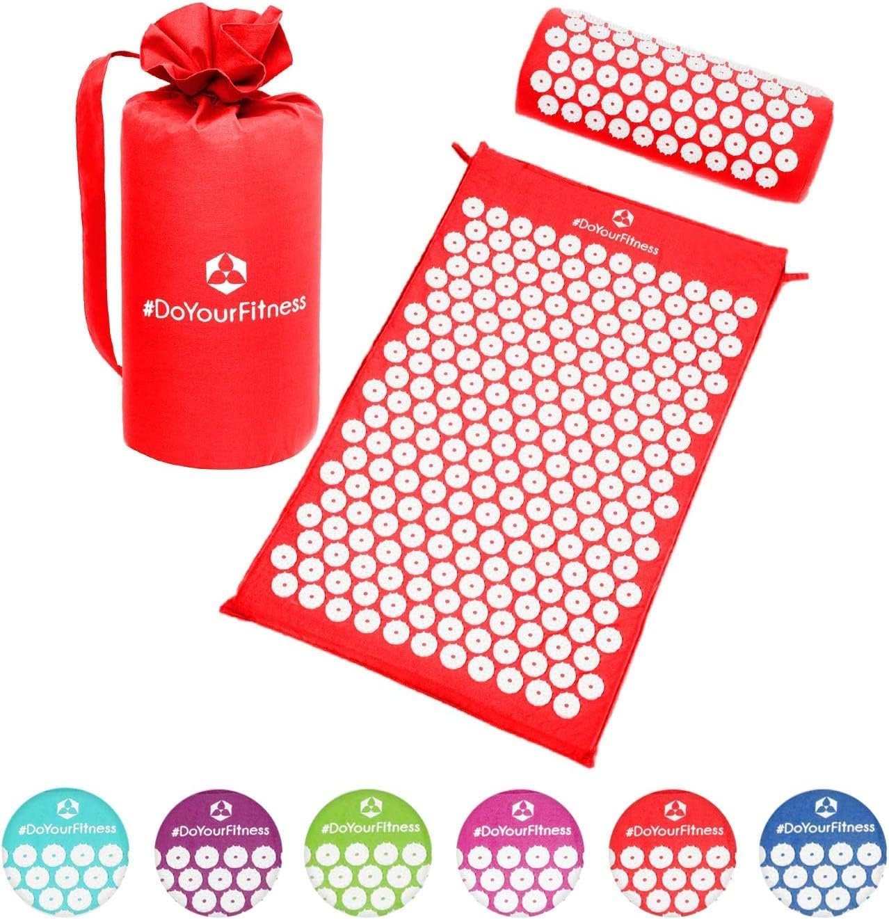 #DoYourFitness Acupressure Mat and Pillow Set – Relieves Stress, Back, Neck, and Sciatic Pain – Comes with a Vinyl Carry Bag for Storage and Travel – Red