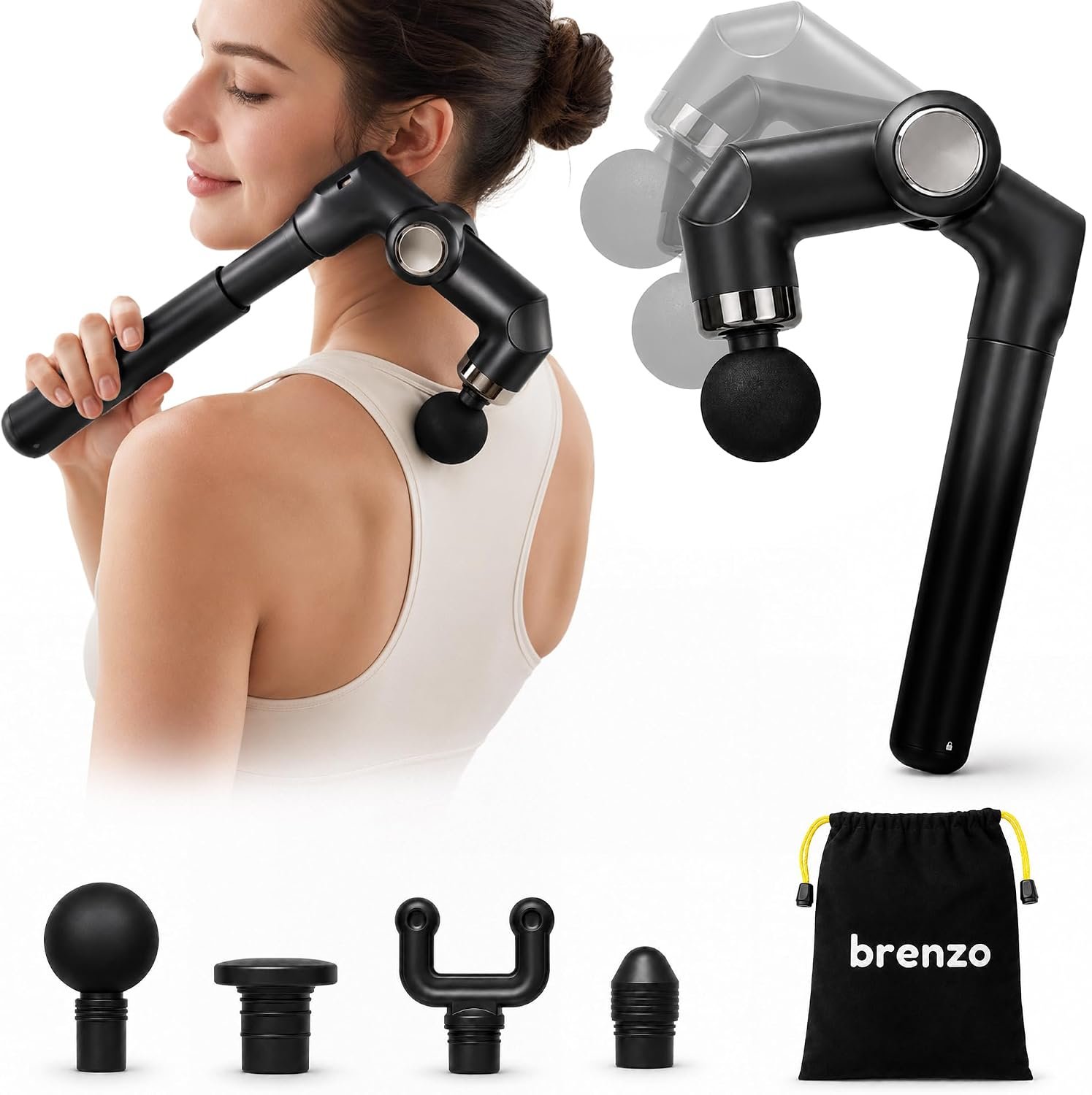 brenzo Deep Tissue Massage Gun, Cordless Percussion Muscle Massager with Extended Handle, Handheld Electric Massager for Back Body Pain Relief, Portable for Home Gym Office(Black)