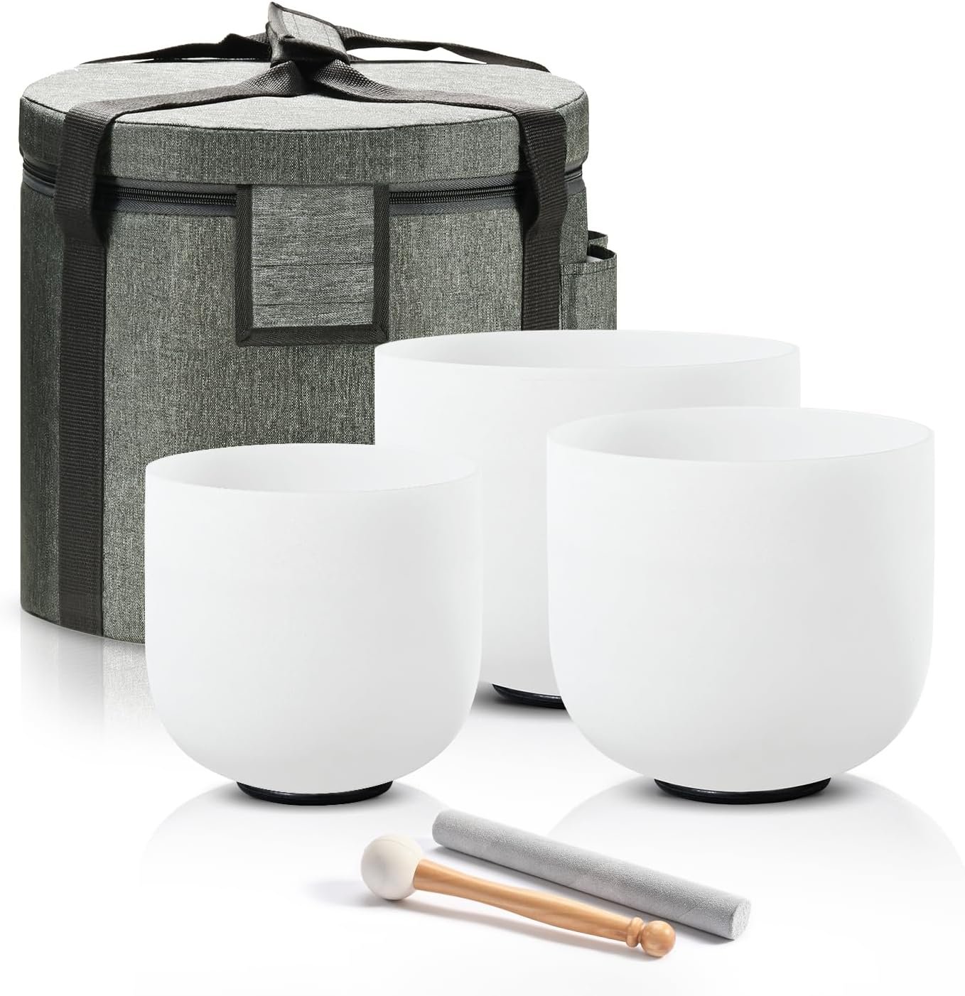 CVNC 432HZ Sound Healing Set of 3 Crystal Singing Bowls, Frosted Chakra Quartz Crystal Sound Bowl with Carry Bags 7” C Root 8” F Heart 9” G Throat