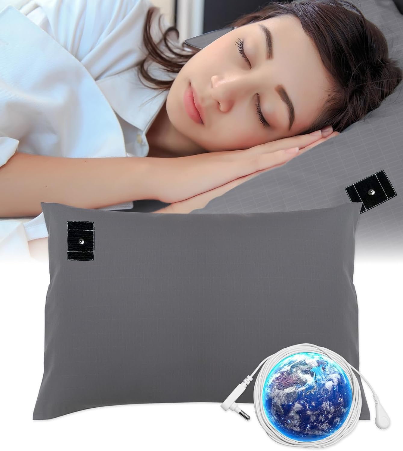 Grounding Pillow Case King with Silver Fiber Conductive Grounding Pillowcase with 15ft Grounding Cord Cotton Grounding Pillow Cases Improve Sleep, Relieve Pain 20x36IN, Grey
