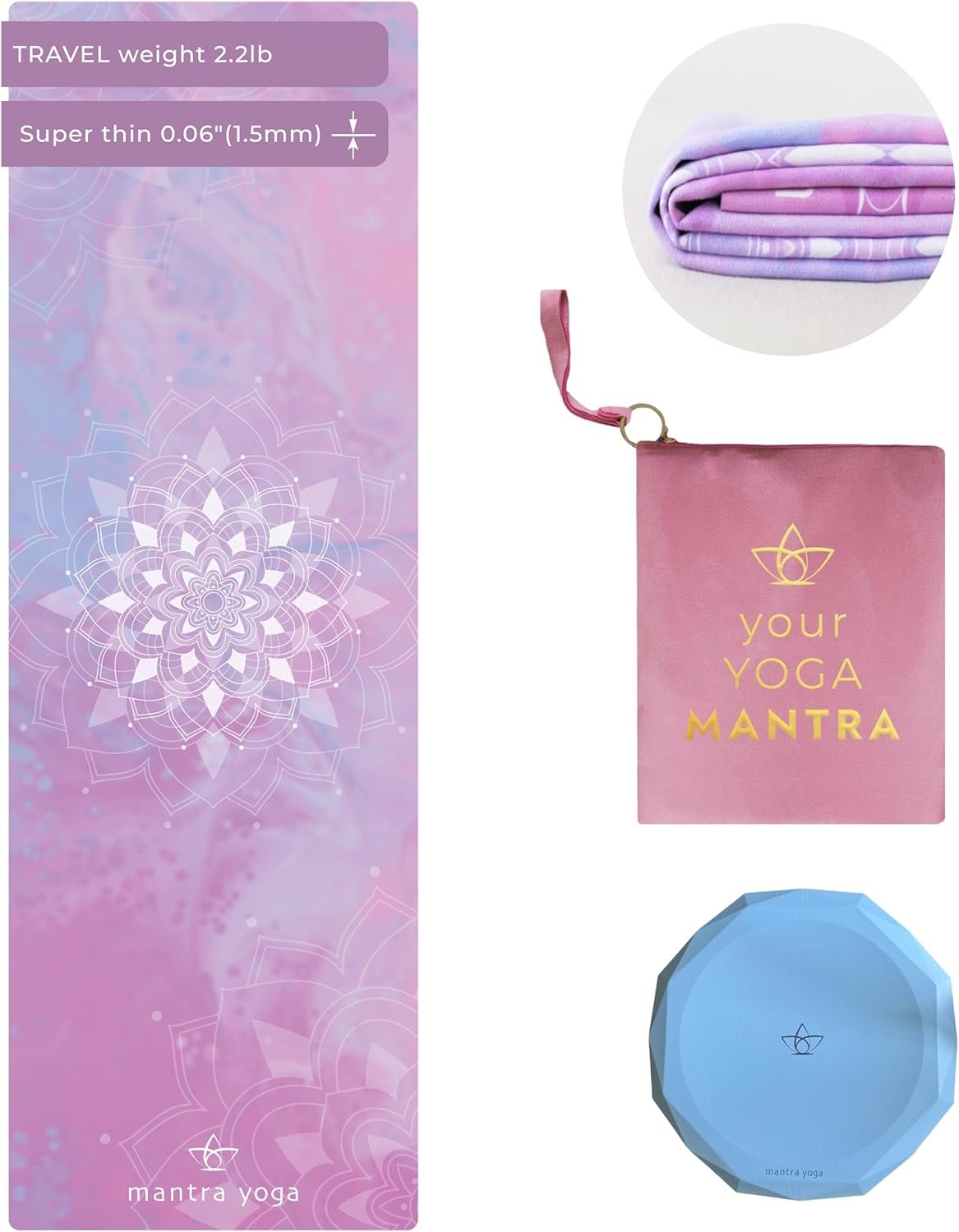 Mantra Yoga Travel PRO 1.5mm with Knee Pad – Foldable Fitness & Exercise Mat with Bag | Lightweight, Compact & Eco-Friendly | Non-Slip & Washable | For All Types of Yoga | 72″ L x 24″ W | 2.6 lbs