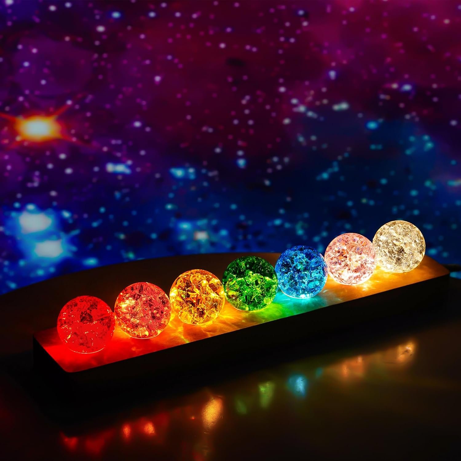 YU FENG 7 Chakra Crystal Ball Set with LED Wooden Stand, 40mm Rainbow Ice Crack Healing Spheres, Crystal Quartz Stones for Meditation, Positive Energy, Night Light and Home Decor