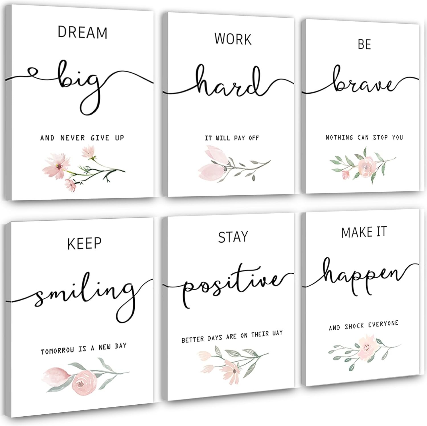 Inspirational Wall Art for Bedroom, Motivational Office Wall Art Decor, Framed Canvas Wall Art for Women, Girls, Positive Affirmations Quotes Prints, Set of 6PCS, 8″x10″, FRAMED