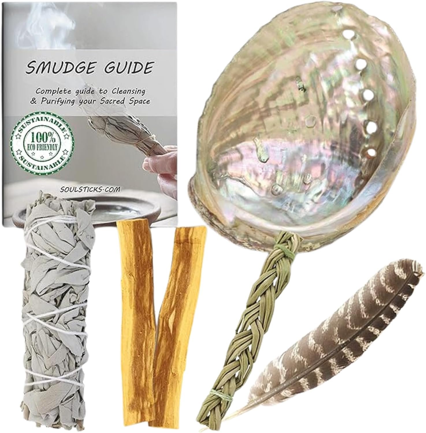 Ancient VEDA Organic Smudge Kit – California White Sage, Palo Santo, Sweetgrass, Abalone Shell, Feather & Smudge Guide | Smudging Kit for Home Energy Cleansing, Meditation, (Healer’s Kit, White Sage)