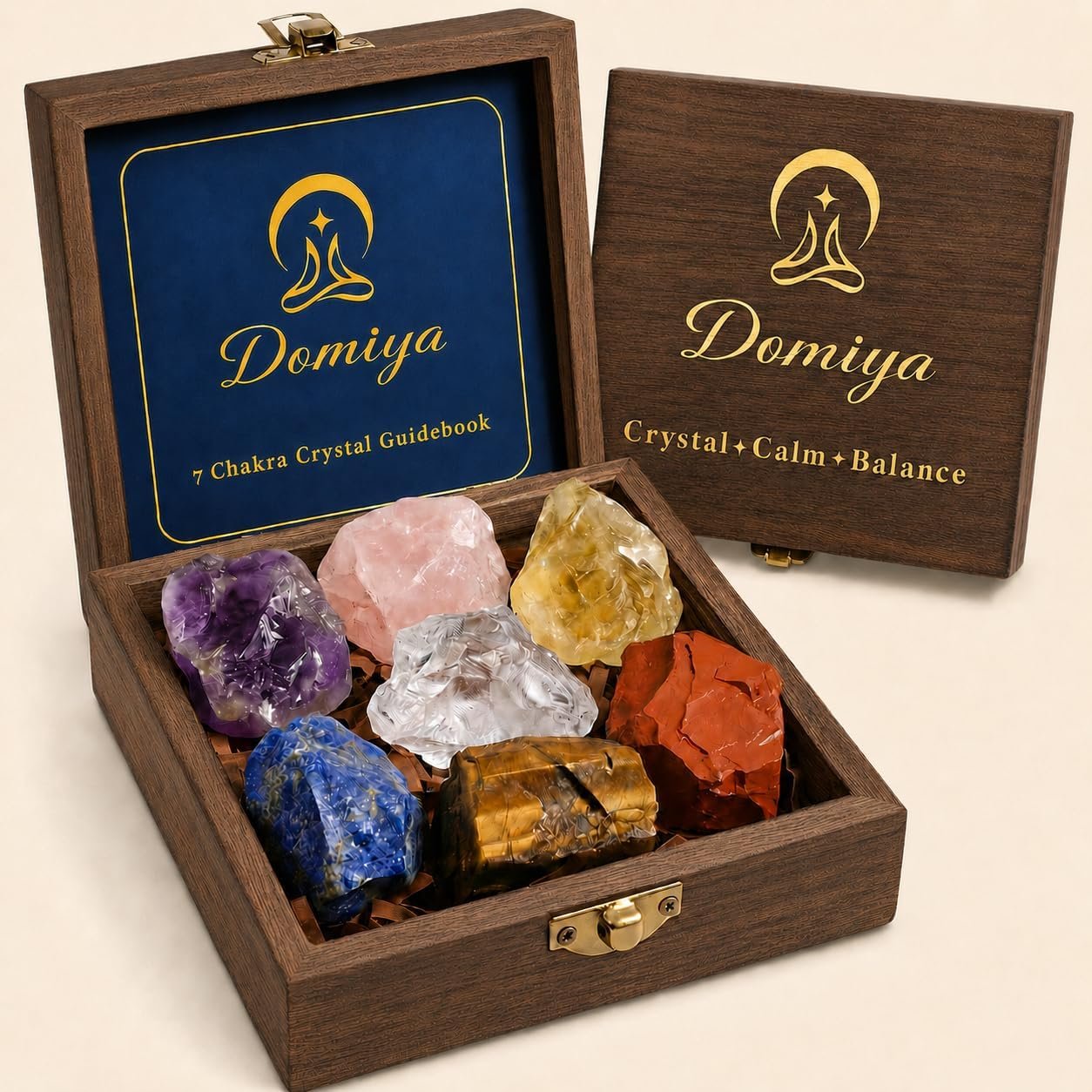 7 Chakra Healing Crystals Set for Meditation & Energy Alignment – Raw Amethyst, Rose Quartz, Citrine, Lapis Lazuli, Clear Quartz, Tiger’s Eye & Red Jasper – Wooden Gift Box