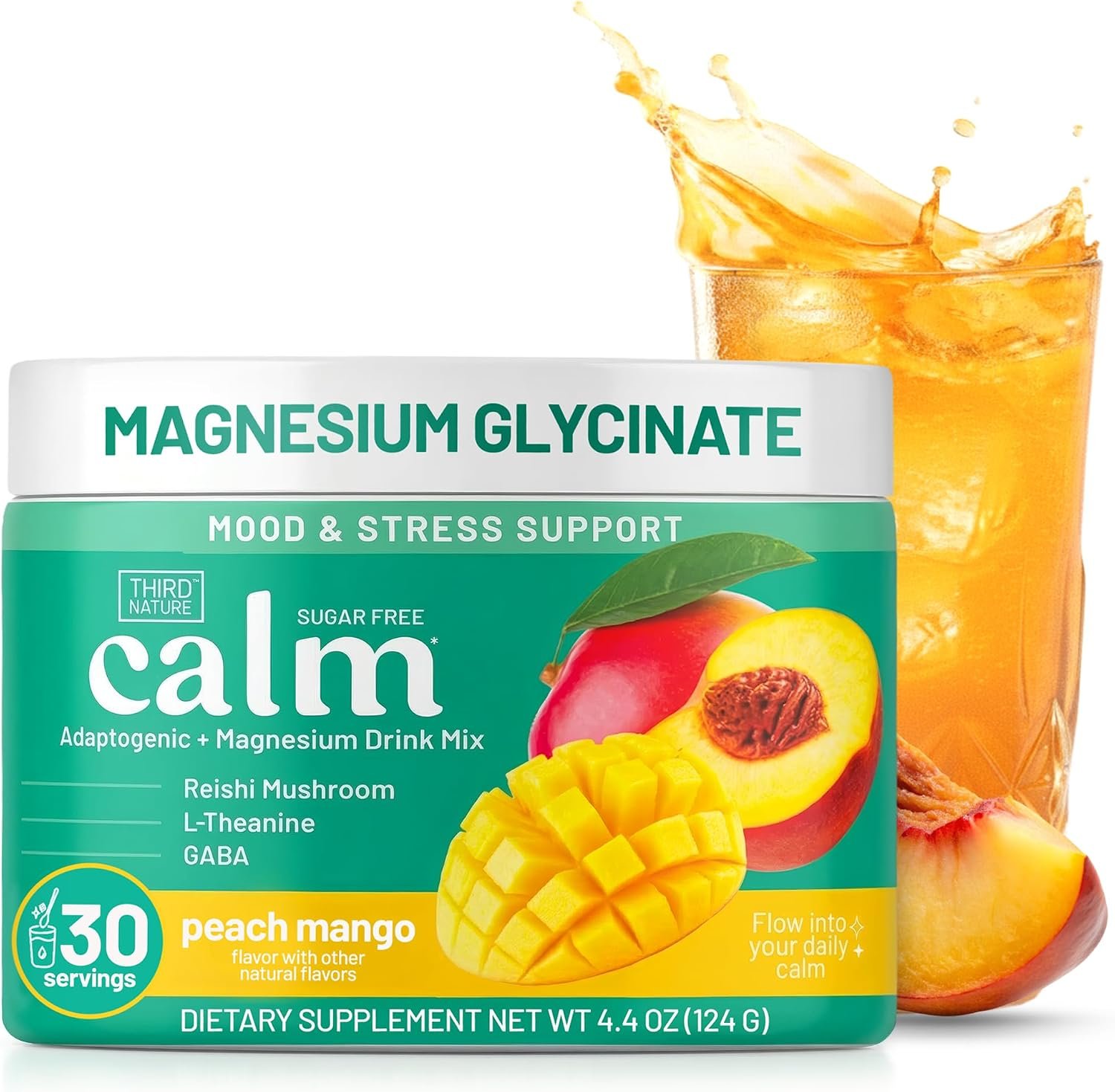 Third Nature Calming Drink Powder Jar with Magnesium Glycinate, GABA, L-Theanine & Reishi Mushroom – Adaptogenic Sugar Free Blend – Third Party Tested, Non-GMO – Peach Mango Flavor – 30 Servings