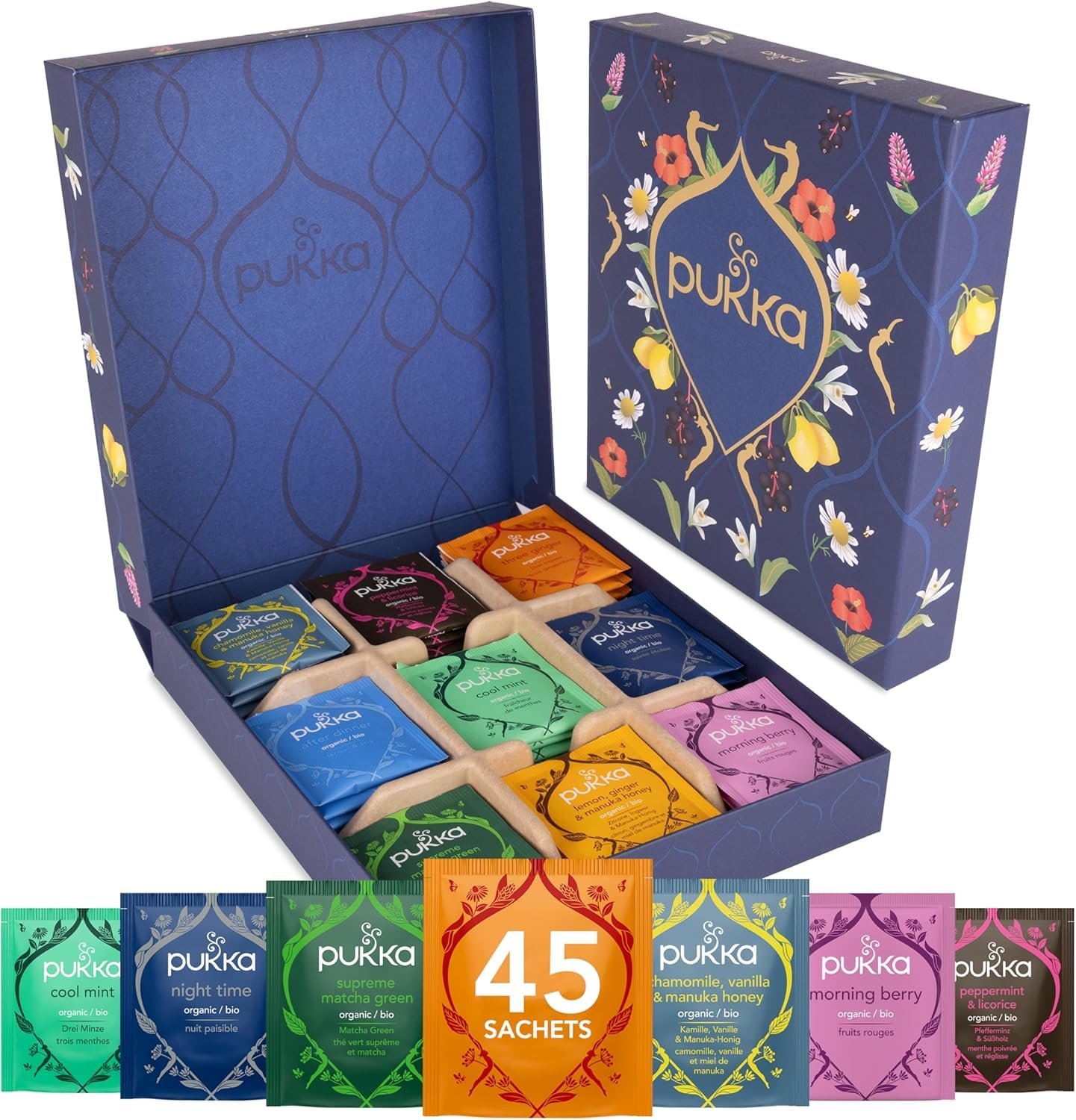 Pukka Premium Herbal Tea Gift Set 45 Organic Tea Bags 9 Delicious Flavors Caffeine Free Variety Pack Wellness Collection for Tea Lovers Holiday Birthday Gift Box