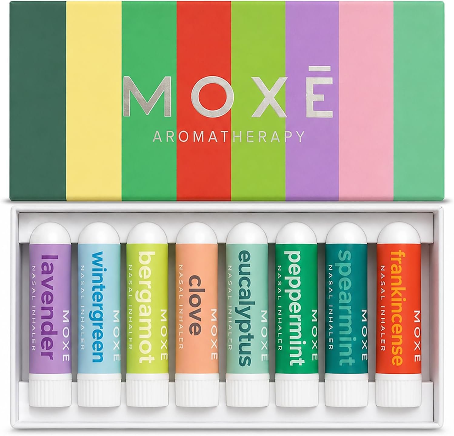 MOXĒ Nasal Inhalers Bundle, 8 Essential Oils, 100% Pure and Undiluted, Therapeutic Grade, No-Mess Portable Aromatherapy, Includes Eucalyptus, Peppermint, Lavender, Wintergreen – Pack of 8