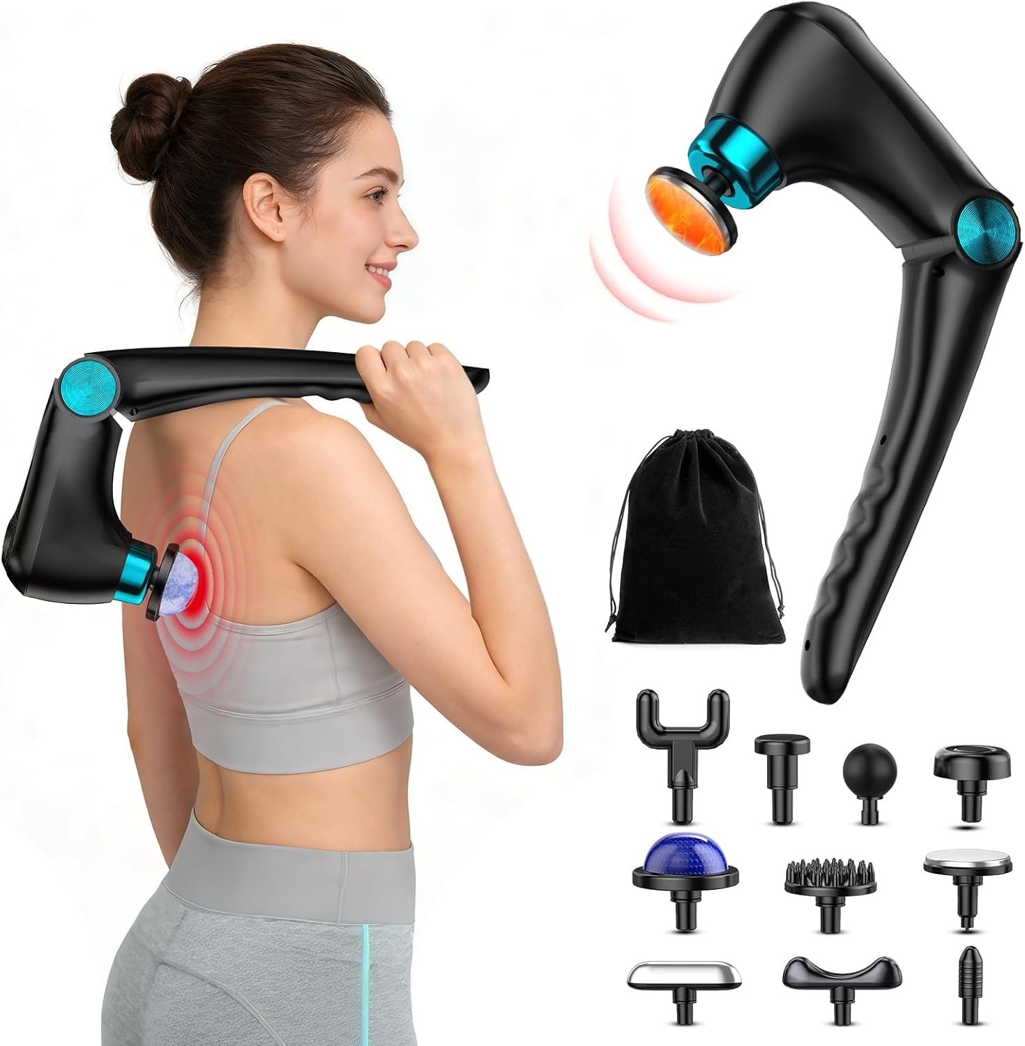 Foldable Heat Cold Massage Gun, 9 Speeds 10 Heads Cordless Handheld Percussion Massagers, Portable Electric Muscle Pain Relief Massager Gifts for Men Women Dad