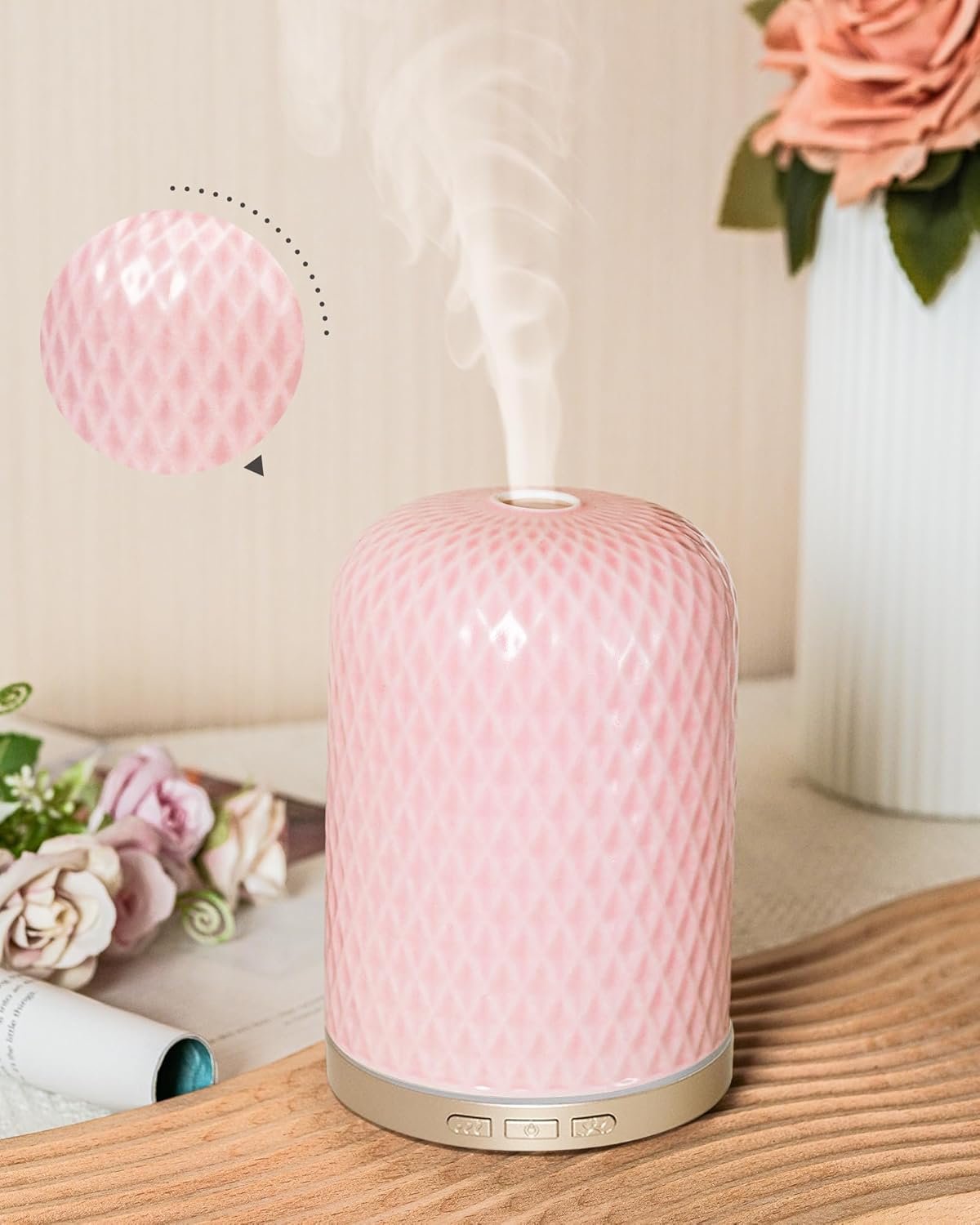 Essential Oil Diffuser – 2.4MHz Ultrasonic Ceramic Diffuser with Pulse/Continuous Mist & Night Light, Waterless Auto-Off, Silent Aromatherapy Diffuser for Home, Office, Yoga, Spa, Gifts & Home Decor.