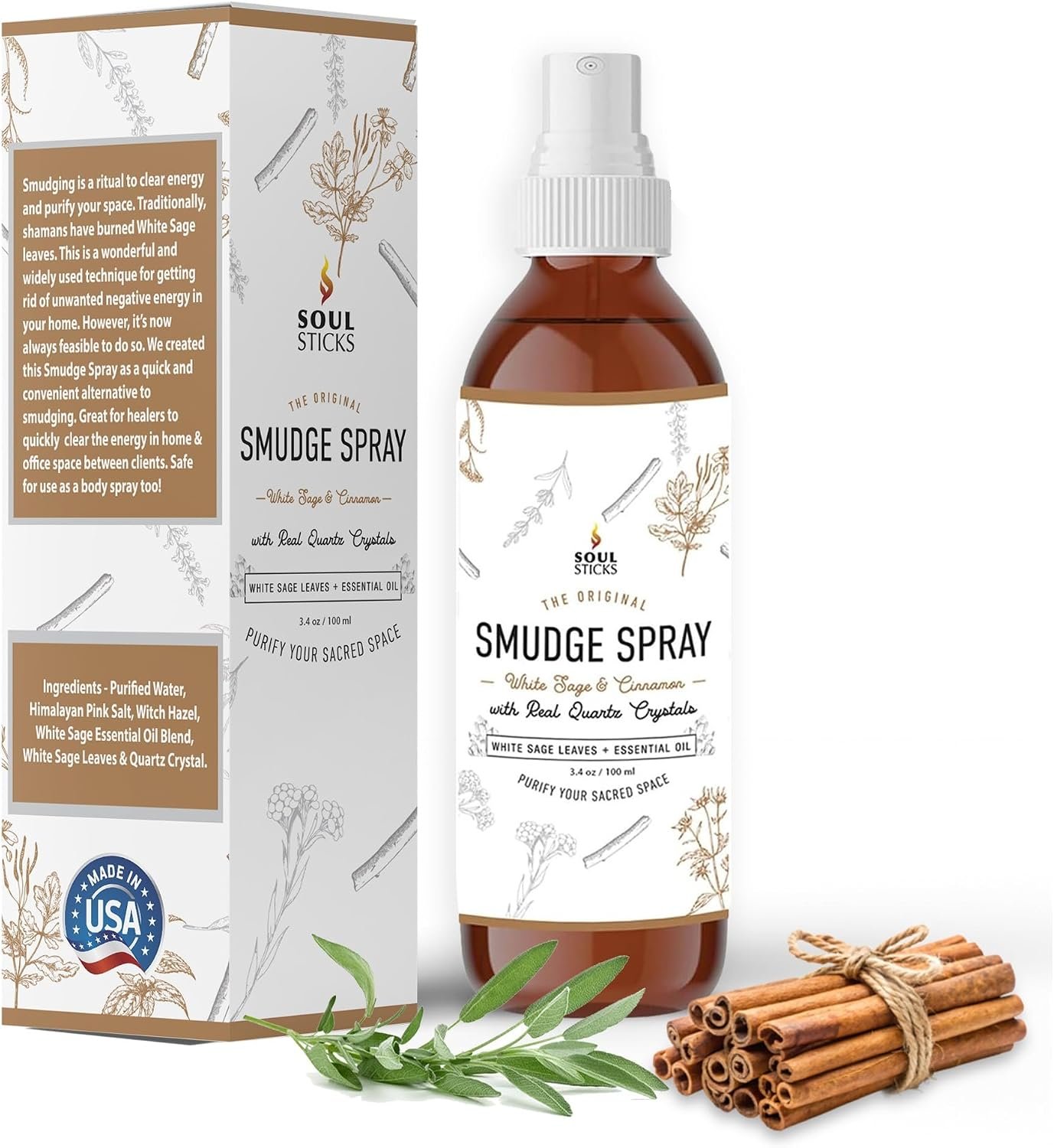 SOUL STICKS White Sage & Cinnamon Smudge Spray – 3.5oz Smokeless Energy Mist with Quartz Crystals – Non-Toxic Cleansing Spray for Aura, Home, Car, Meditation, Yoga, Stress Relief & Protection