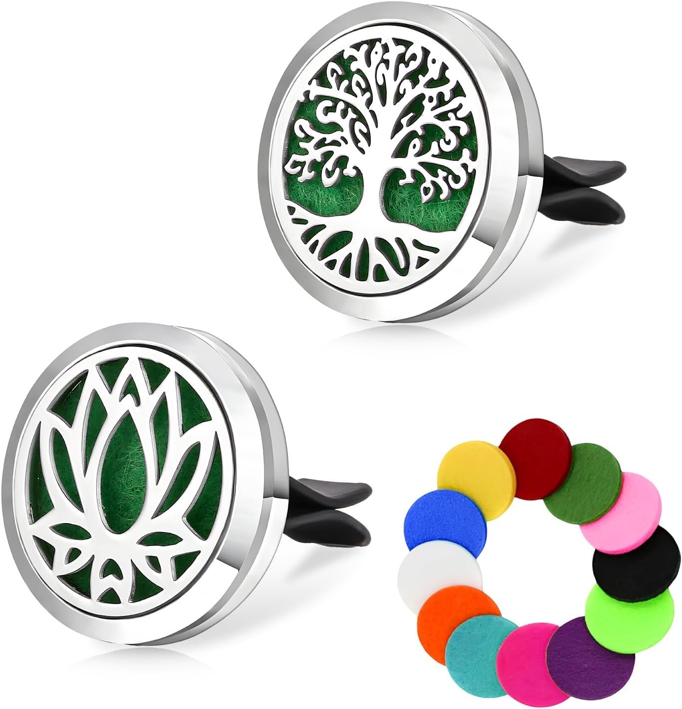 2 PCS Car Diffuser Vent Clips, Tree Pattern Essential Oil Diffuser Vent Clips with 12 Felt Pads, Stainless Steel Auto Air Fresheners Decorative Locket Clip for Women Men (Silver)