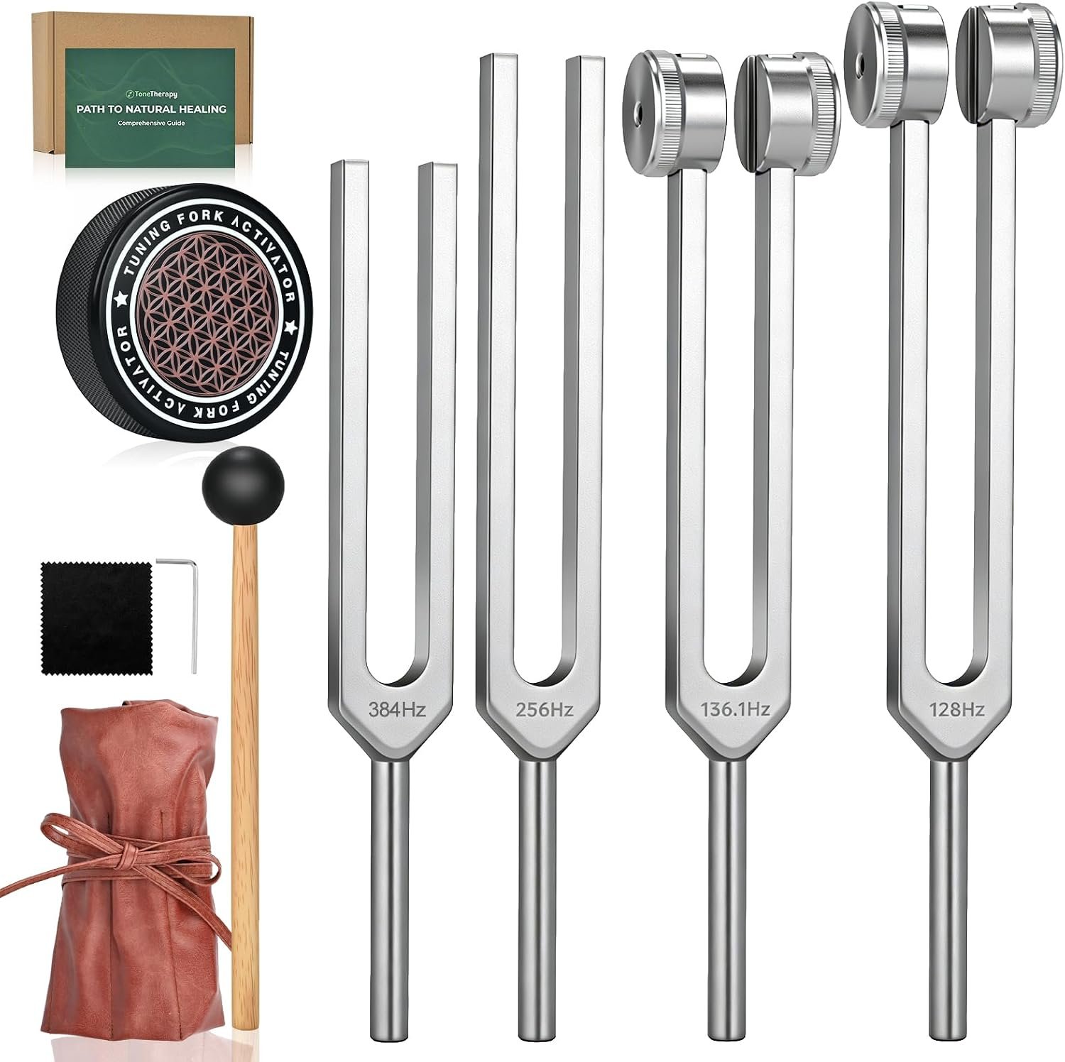 Tuning Forks for Healing Set, 128Hz, 136.1Hz, 256Hz, 384Hz & Activator, Reflex Hammer, Medical Grade Sound Healing Instruments–Pure Frequencies Tuning Forks for Stress Relief/Chakra/Sound Therapy/Yoga