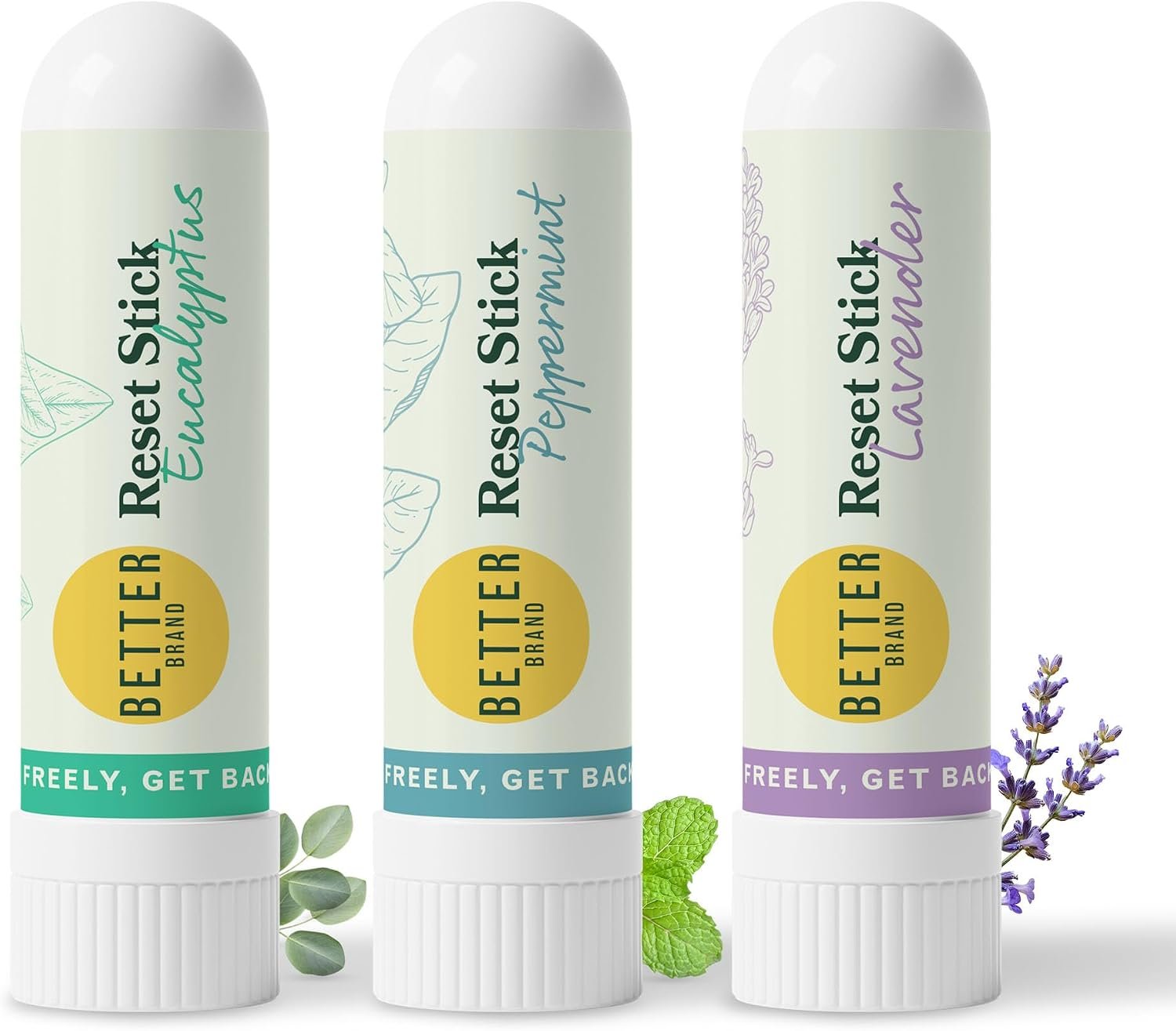 Betterbrand Reset Stick Trio – Natural Nasal Inhaler for Congestion Relief, Peppermint, Eucalyptus & Lavender Aromatherapy, Non-Medicated, Travel-Friendly Sinus Support – Pack of 3