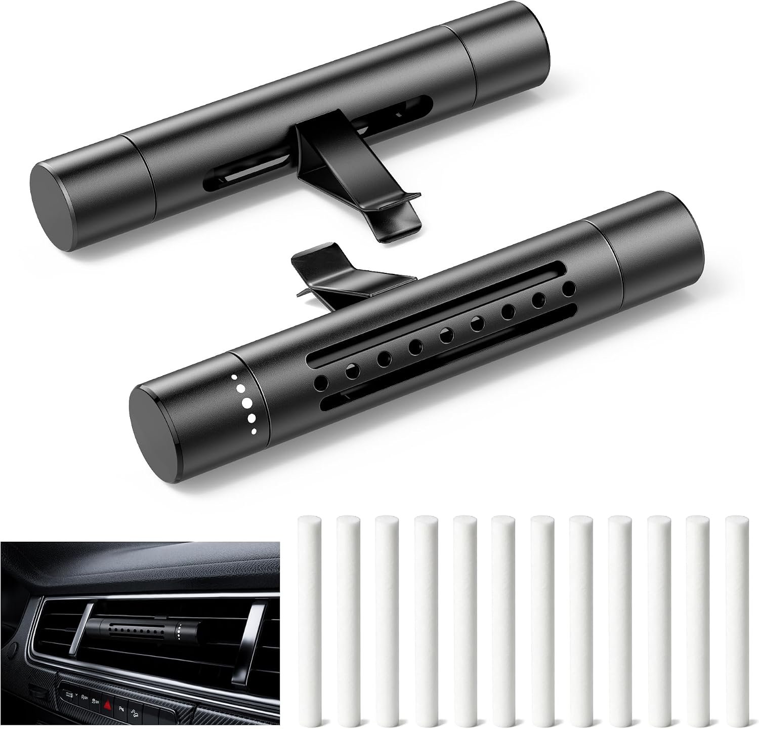 2 Pack Refillable Car Air Freshener Vent Clips with 12 Unscented Sticks, Adjustable Air Freshener Diffuser for Auto Vent, Reusable Car Fresheners for Women and Men, Black