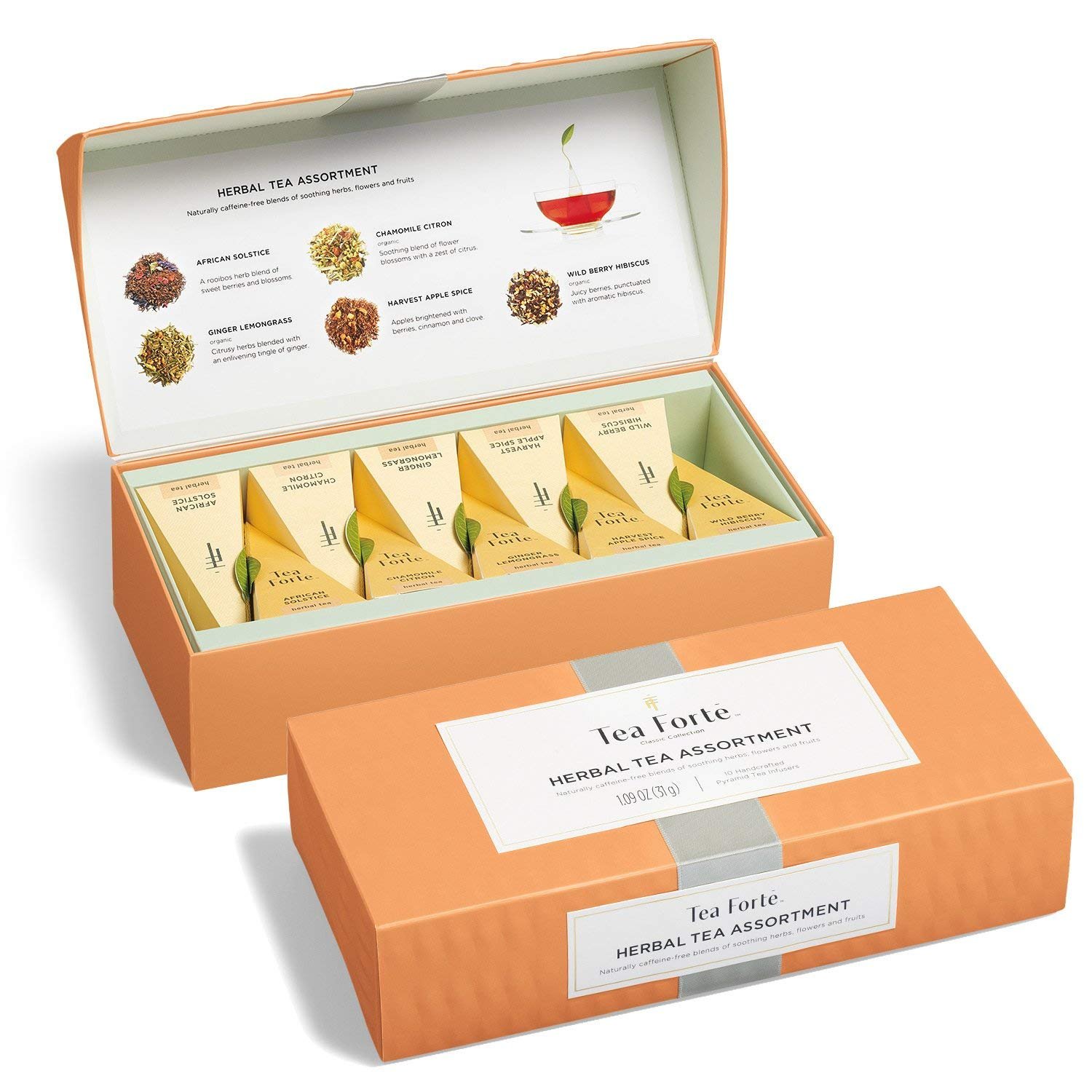Tea Forte Premium Petite Presentation Box Gift Set Sampler, 10 Count, 2 of Each Blend Individually Wrapped Handcrafted Pyramid Infuser Bags, Herbal Tea