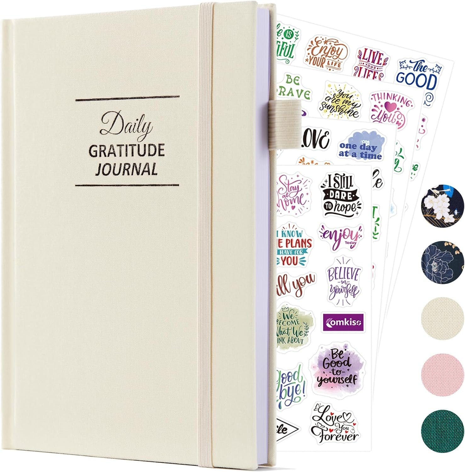 Comkiso Gratitude Journal with 4 Inspirational Stickers: Undated Daily Gratitude Journal for Women and Men – More Happiness, Affirmation, and Mindfulness in A Few Minutes with Prompts & Quotes (Beige)