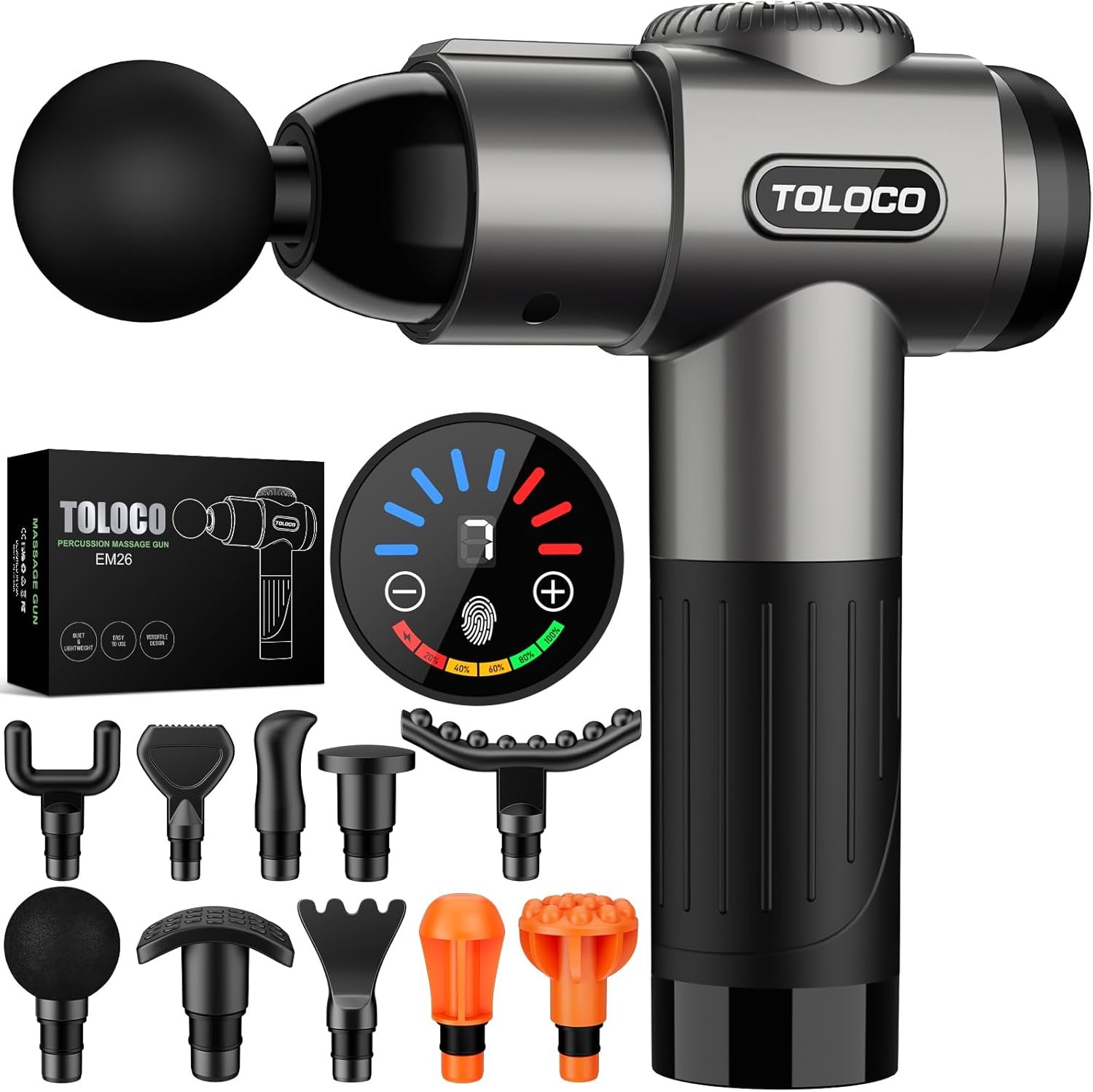 TOLOCO Massage Gun, Deep Tissue Back Massage for Athletes for Pain Relief, Percussion Massager with 10 Massages Heads & Silent Brushless Motor, Fathers Day Dad Gifts, Grey