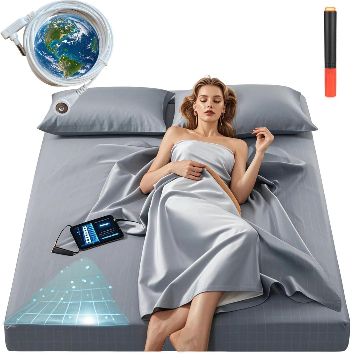 Grounding Sheets King Size, 20% Pure Silver Fiber + 80% Organic Cotton, Grounded Sheet Earth Connected Bedding Fitted Earth Sheets with Grounding Cord