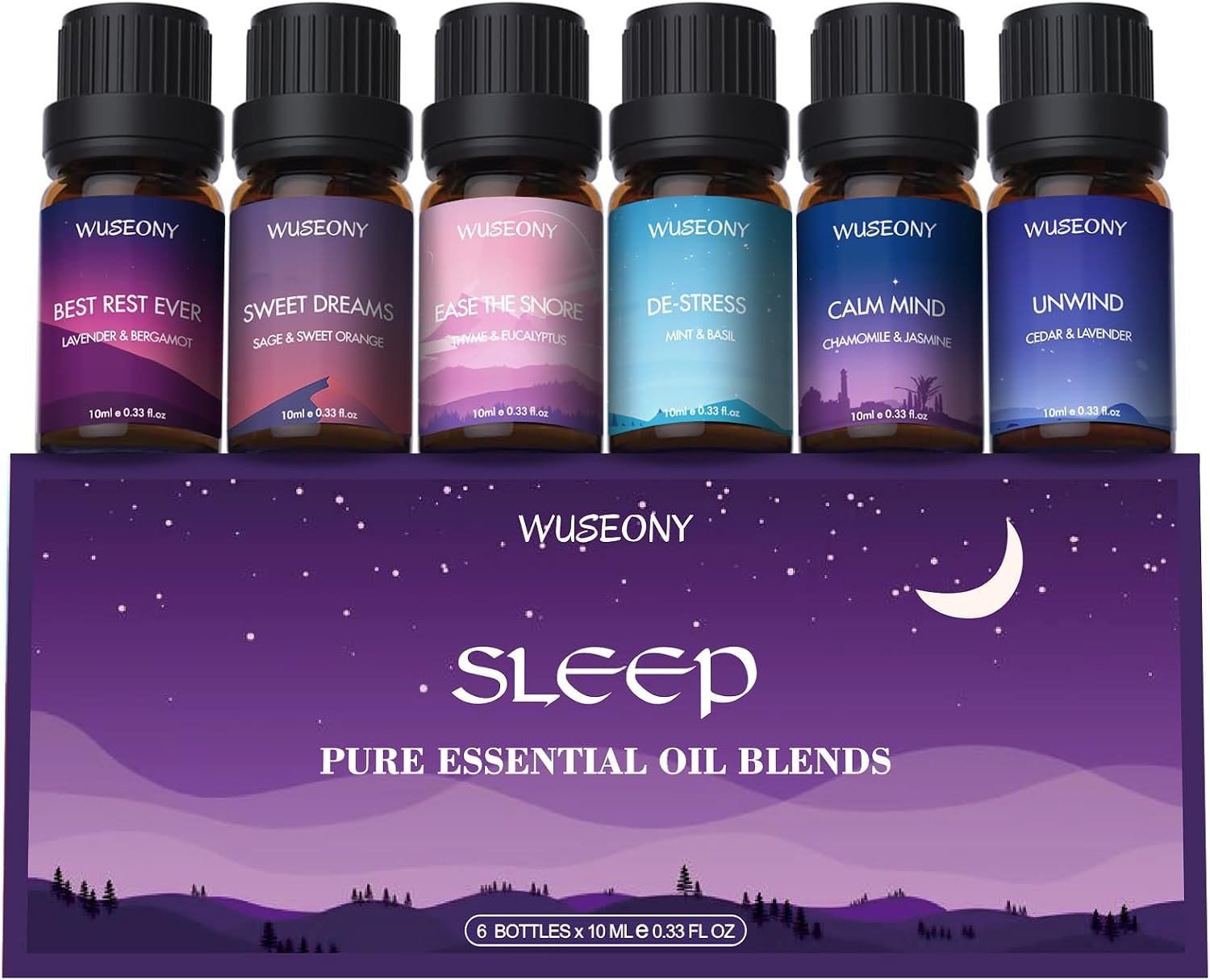 WUSEONY Sleep Essential Oils Set for Diffusers for Home, Set of 6 Essential Oil Blend Aromatherapy – Eucalyptus, Jasmine, Orange, Lavender, Cedar, Mint