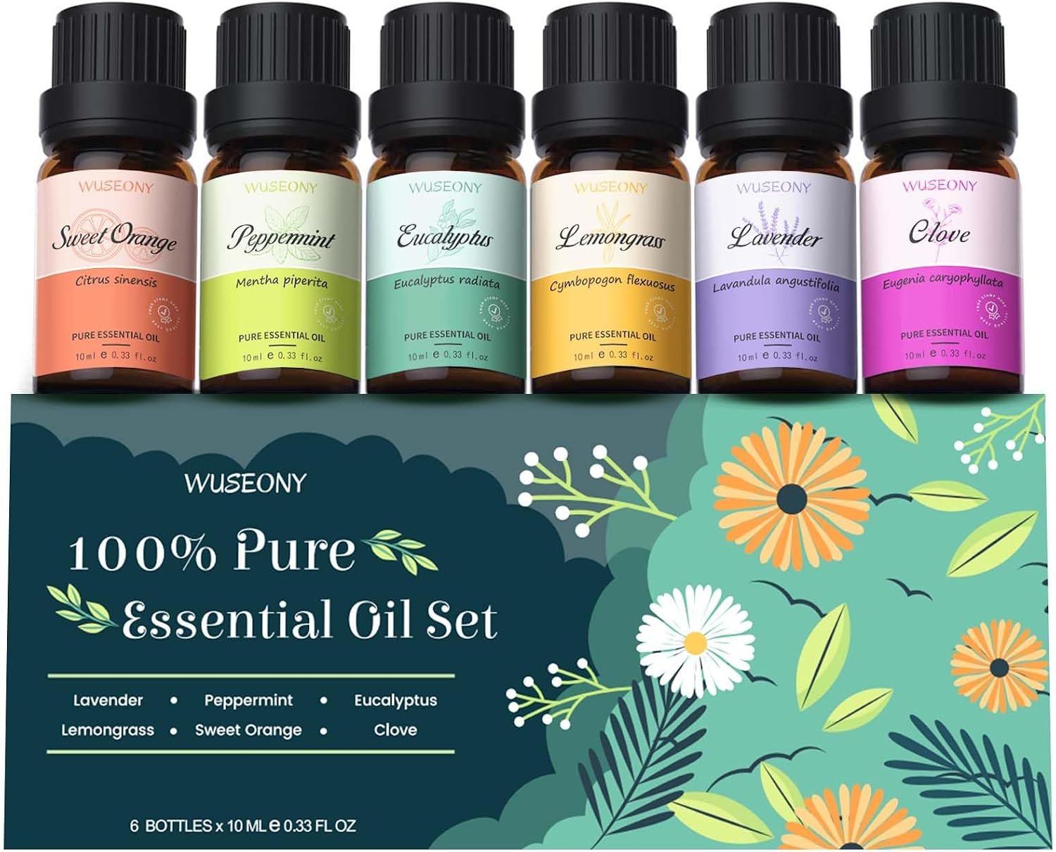 WUSEONY Top 6 Natural Aromatherapy Oils Gift Set, Essential Oils for Diffusers Home, Fragrance Oil Scent for Candle Soap Making – Lavender, Peppermint, Eucalyptus, Lemongrass, Sweet Orange, Clove