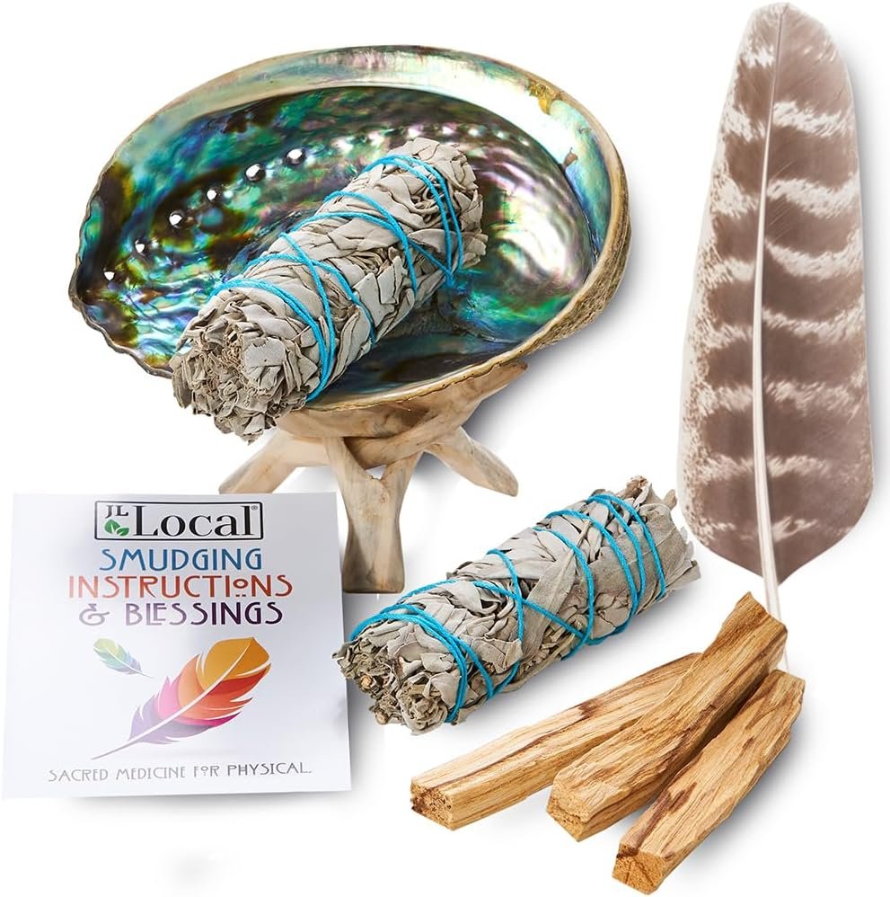 Smudge Kit Essentials Plus, White Sage, Palo Santo | Abalone Shell, Smudging Feather, For Healing, Purifying, Meditating & Incense