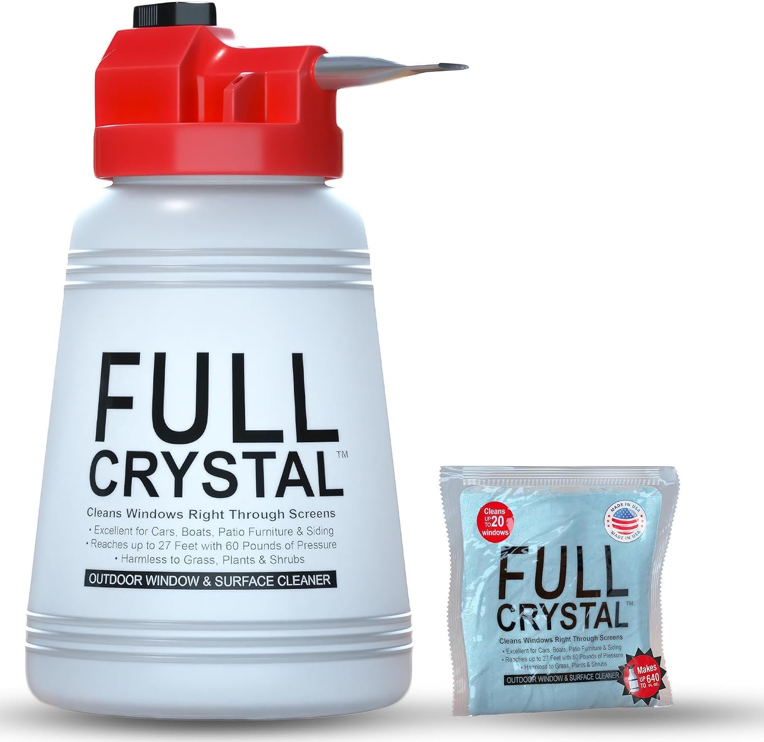 Full Crystal Window Cleaning Kit – 4 oz Glass Cleaner and Bottle with 27 ft Reach, Makes Up to 640 fl oz, Cleans Up to 20 Windows, Scrub-Free, Rinse-Free