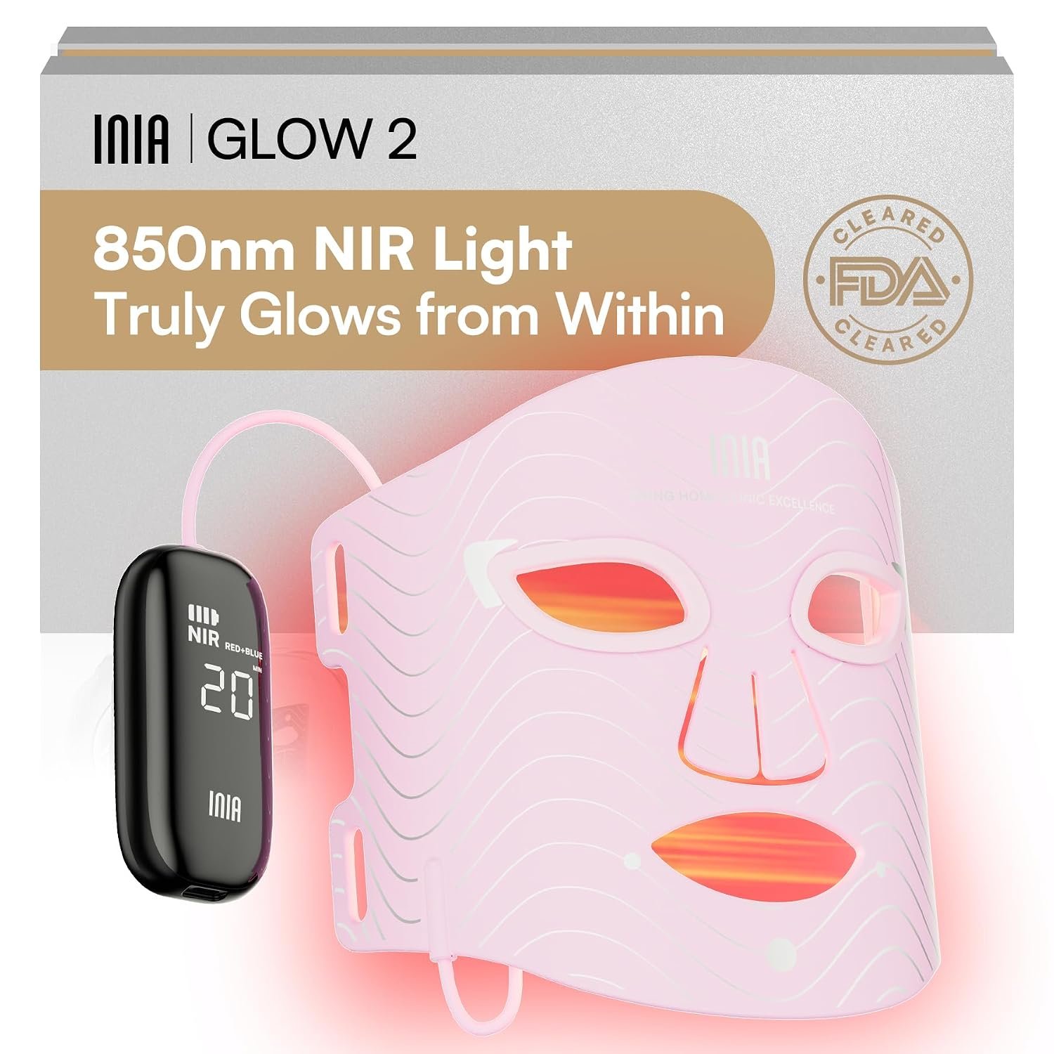 INIA Red Light Therapy Mask for Face, 850nm NIR, Red/Blue LED Light 4 Modes | Visible Results in Just 4 Weeks, 220 LEDs, 105mW/cm² Output, 2600mAh Rechargeable Battery, 10-30min Timer, Auto Shut-off